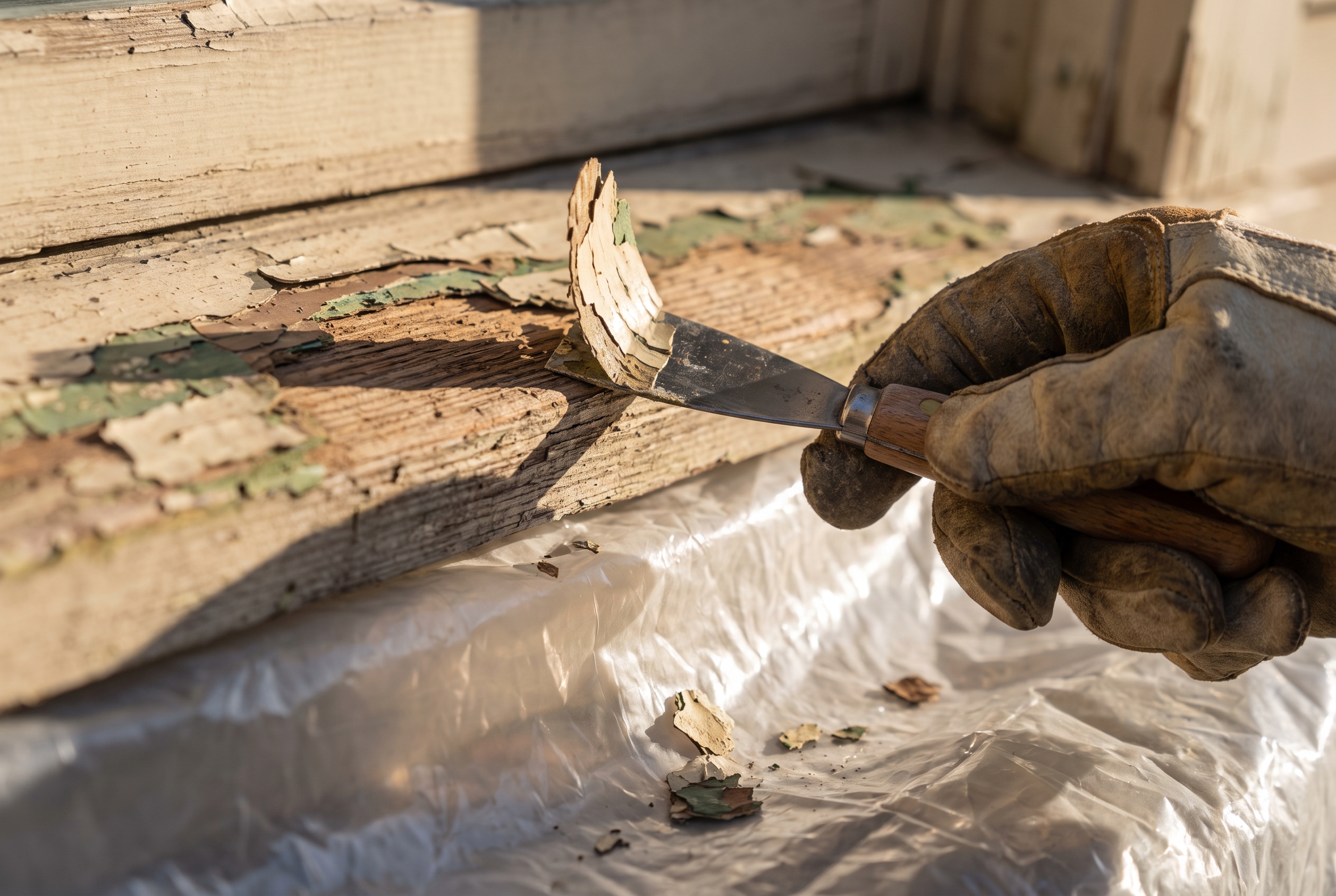 A gloved hand scraping a curl of old layered paint off a weathered wood windowsill, with chips collecting on plastic sheeting below.