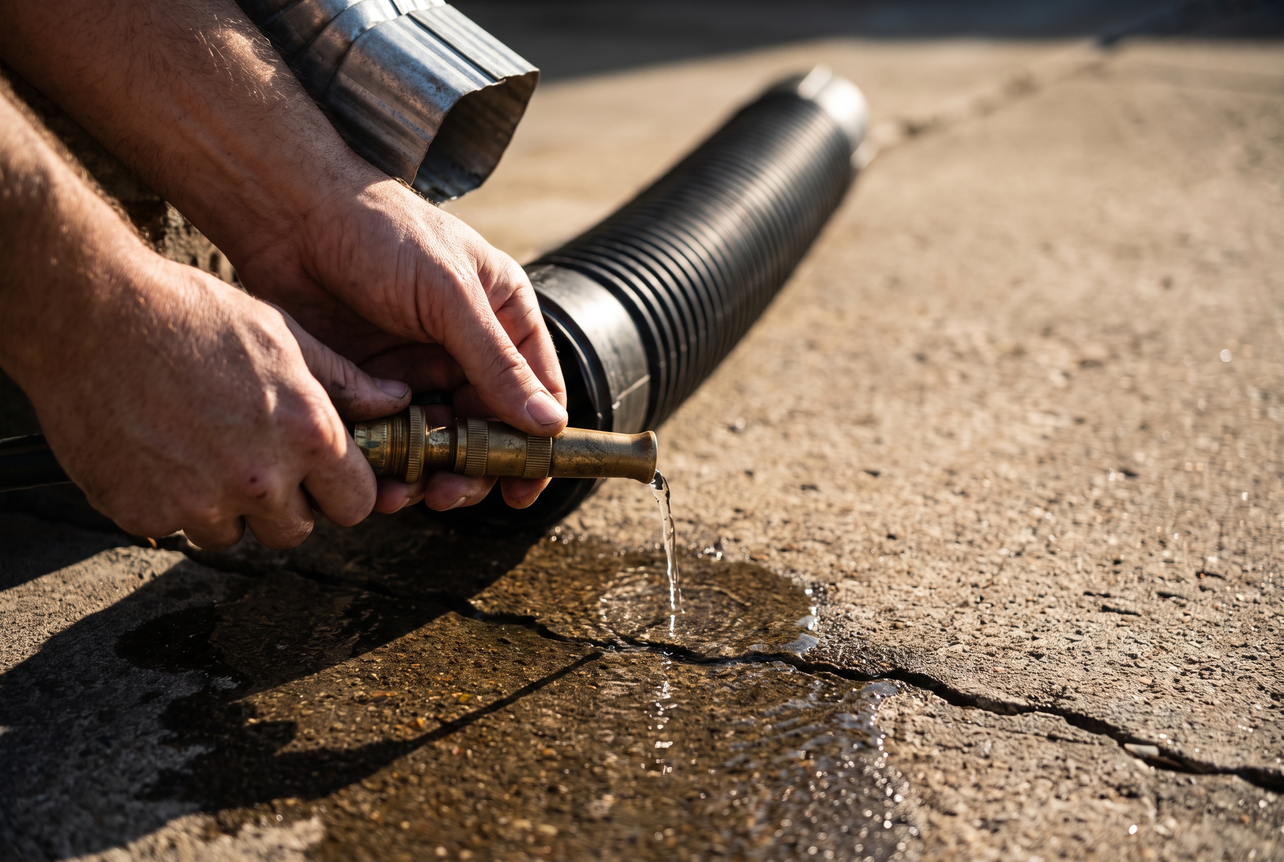 Hands adjusting a hose nozzle at the base of a downspout to check that water drains away from the foundation.