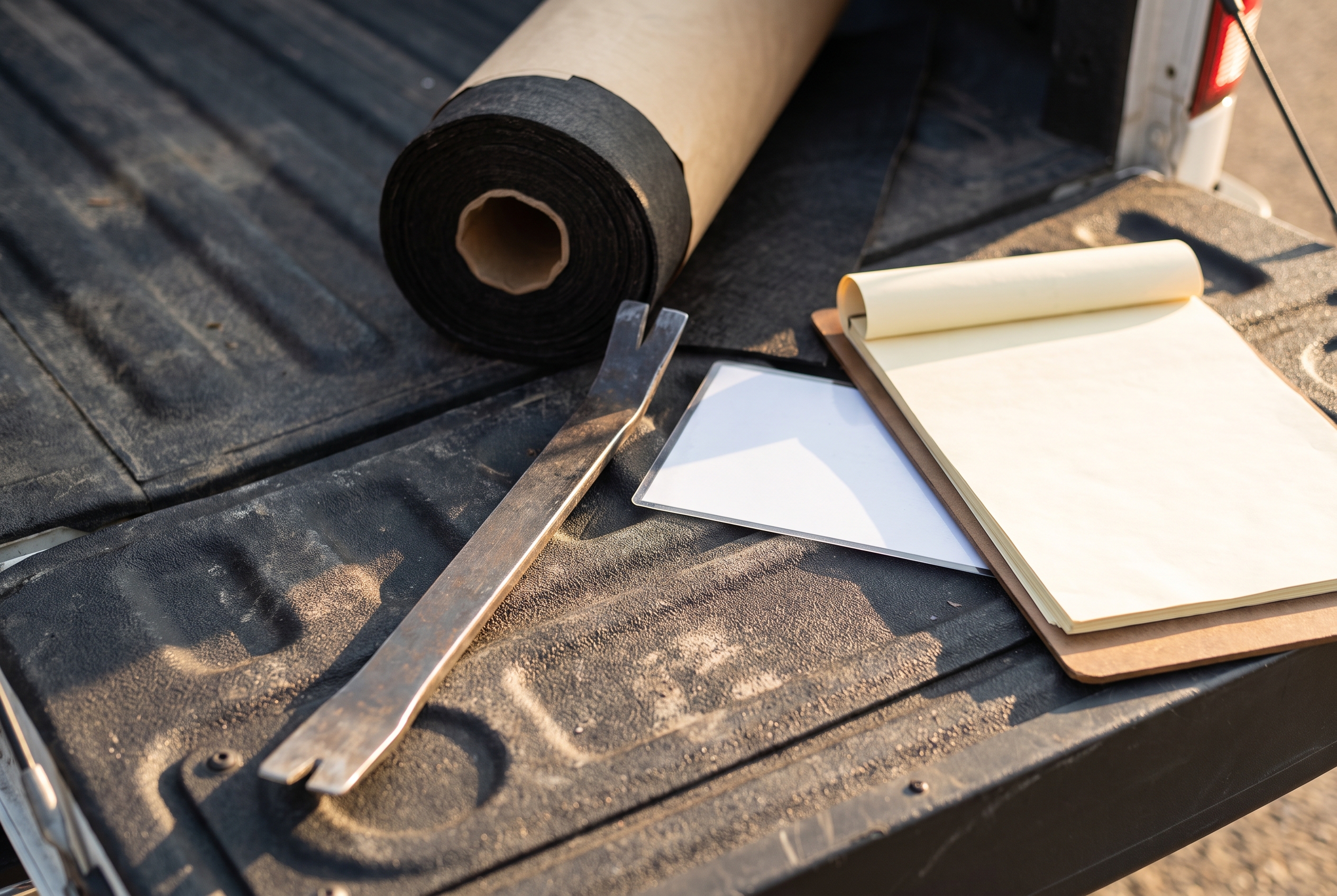 Overhead view of a pry bar, a roll of underlayment, and a blank license card and clipboard laid out in a truck bed.