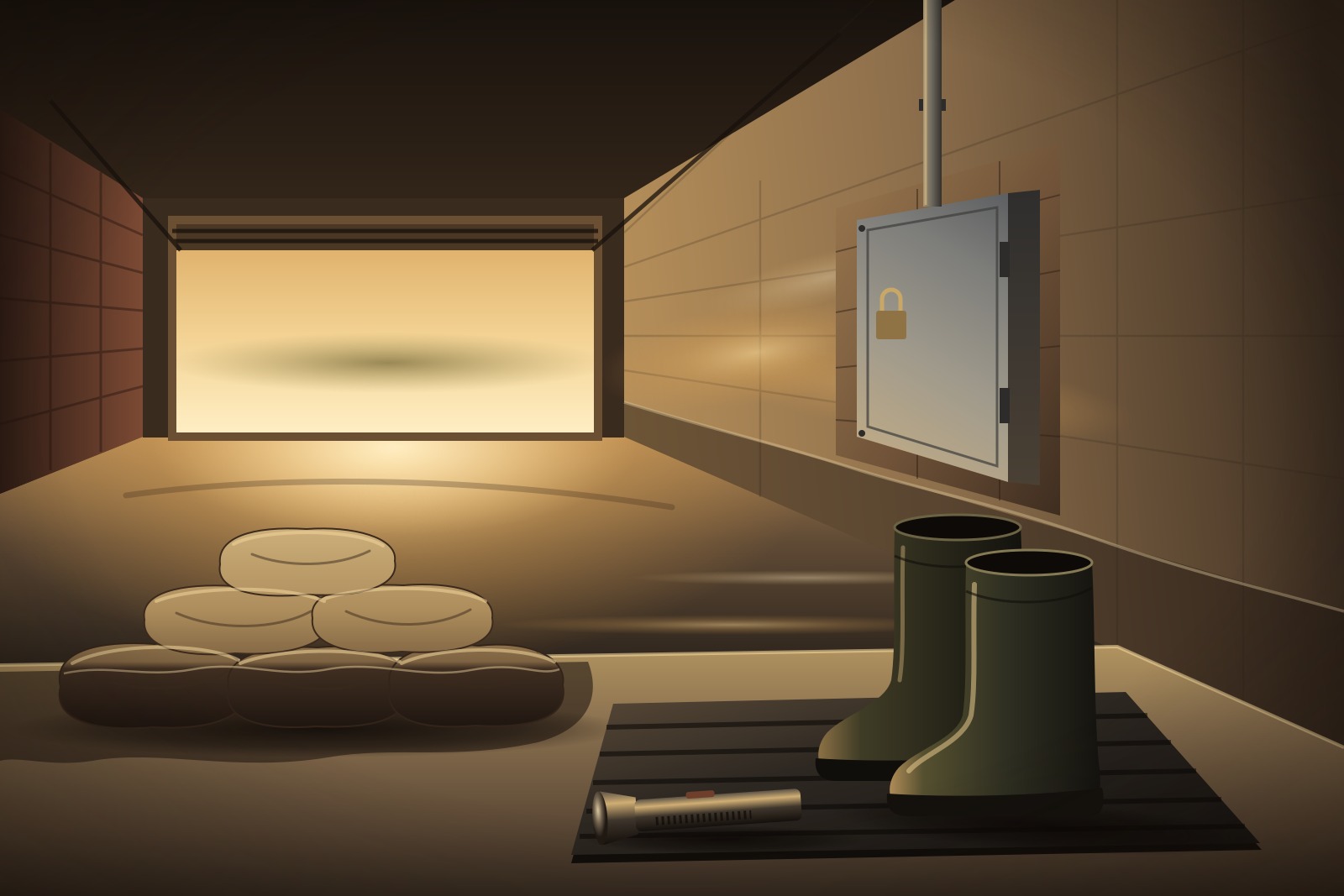 Object-focused illustration of sandbags, rubber boots and a flashlight on a dry garage threshold, facing a closed gray switch box on the wall above shallow receding water.