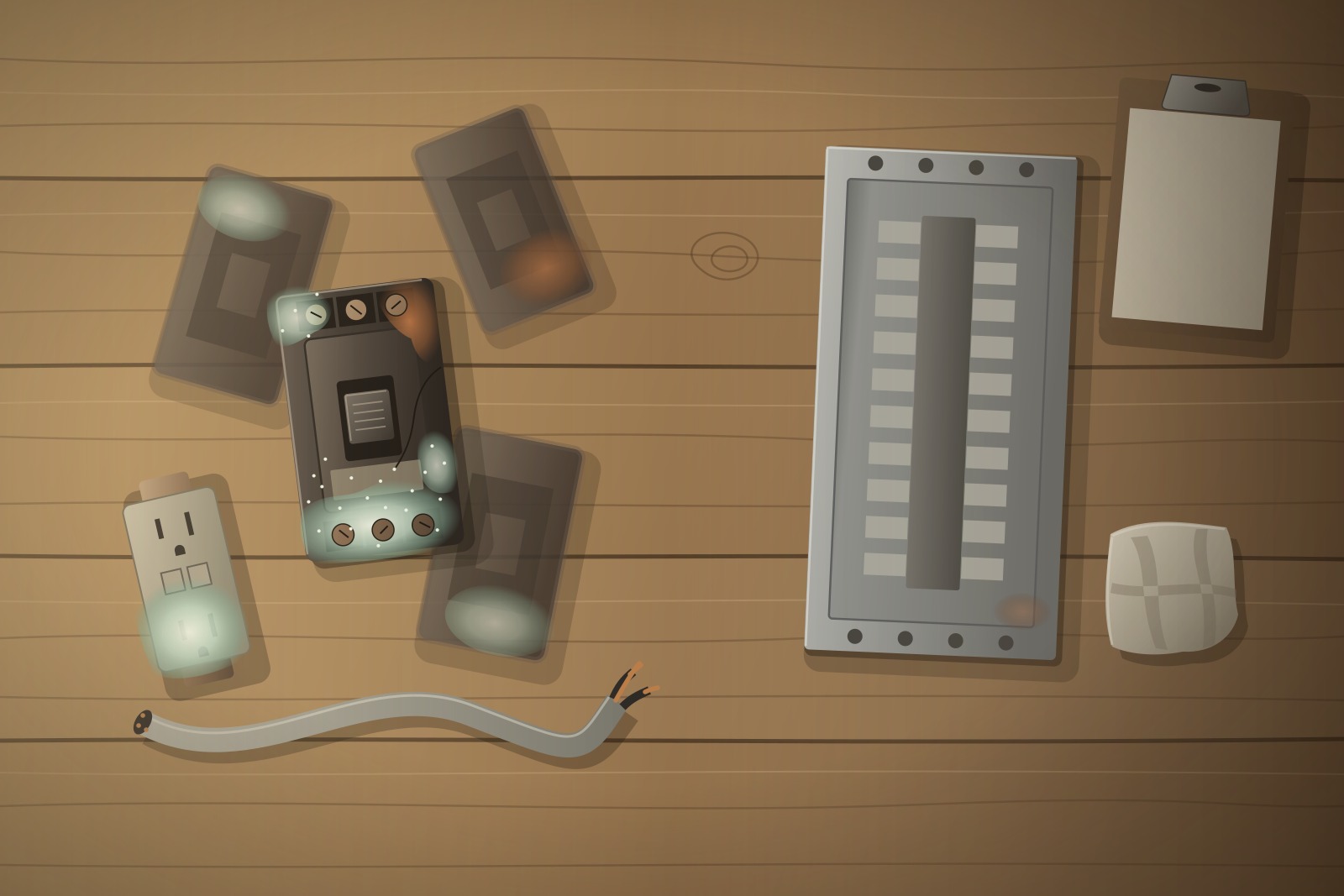 Object-focused illustration of corroded breakers, a salt-greened outlet and cut cable on one side of a wooden surface, with a lone panelboard shell and a blank clipboard on the other.