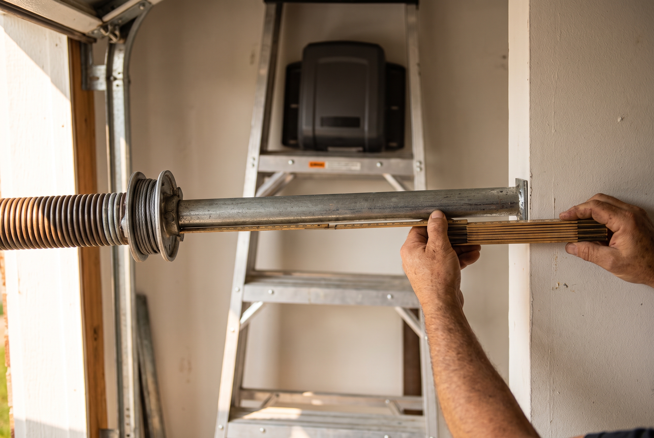 An installer's hands hold a tape measure between the end of a steel torsion bar and the side wall of a garage, with a wall-mount opener on a stepladder blurred behind.