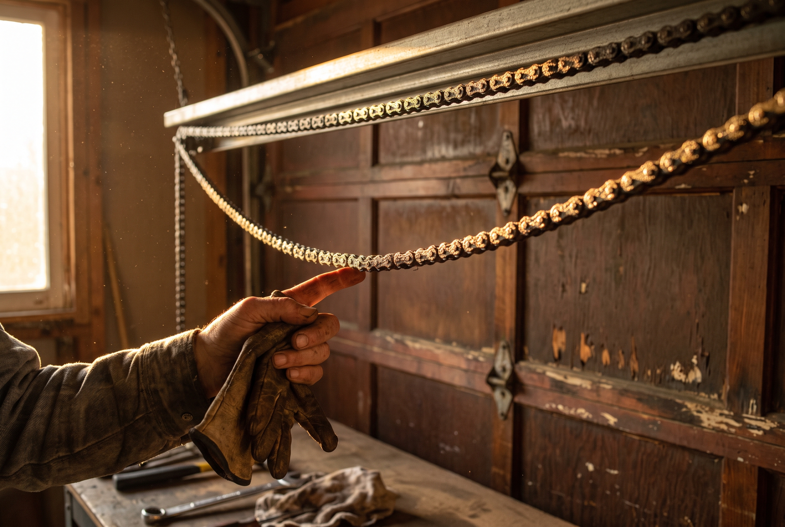 A hand touches the oily chain of a chain-drive garage door opener running along its steel rail above a heavy wooden door, lit by warm low sunlight with dust in the air.