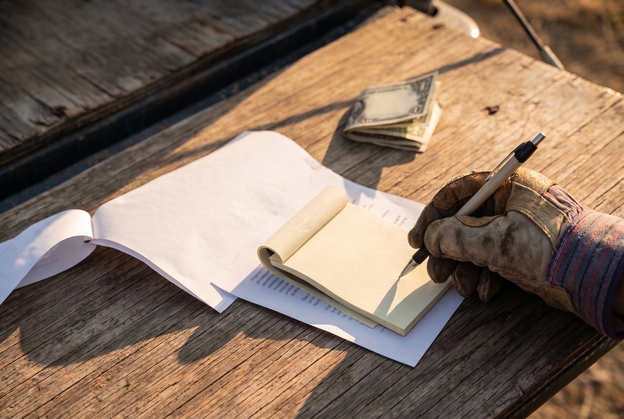 Overhead view of a hand holding a pen to a receipt pad beside folded cash and a contract page on a truck tailgate in warm evening light.