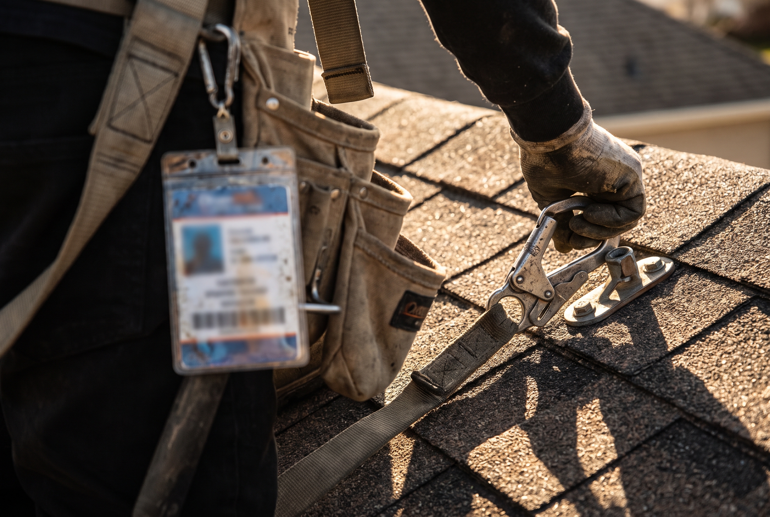 Close view of a hand clipping a safety harness to a roof anchor with a blurred badge card hanging from a tool belt nearby in strong side light.