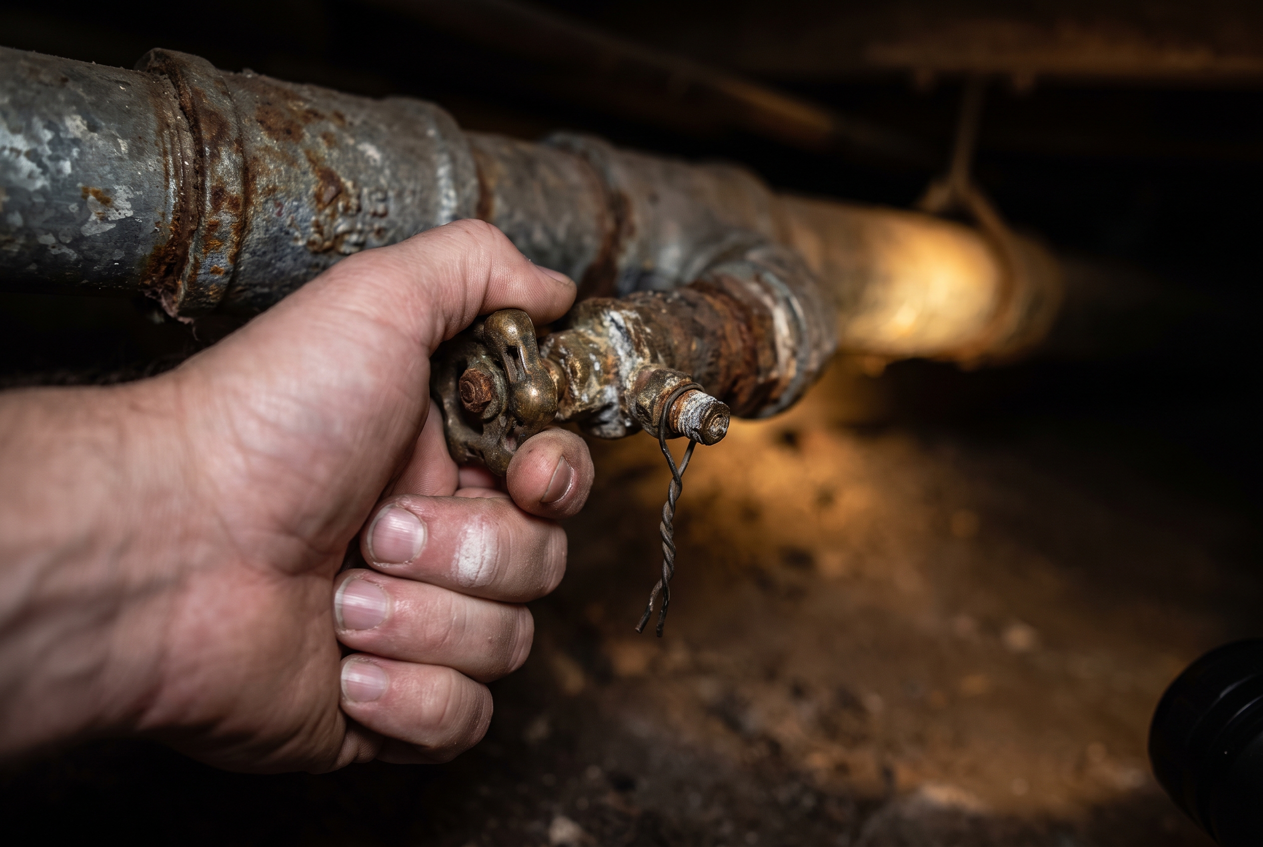 Close-up of a hand turning a corroded main water shut-off valve handle in a dim utility space, lit by a single raking beam.