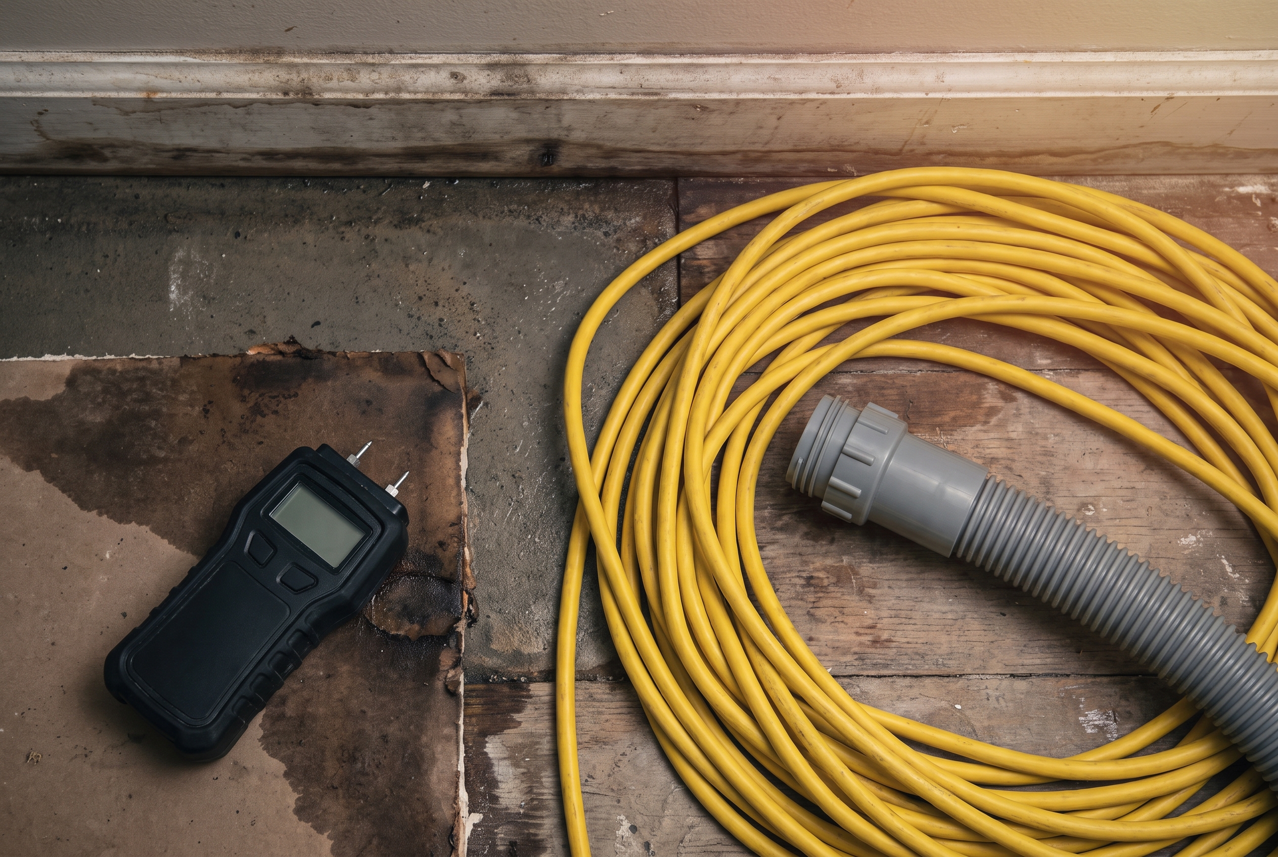 Overhead view of a moisture meter, coiled cord, and dehumidifier hose laid on a damp basement floor beside a stained baseboard.