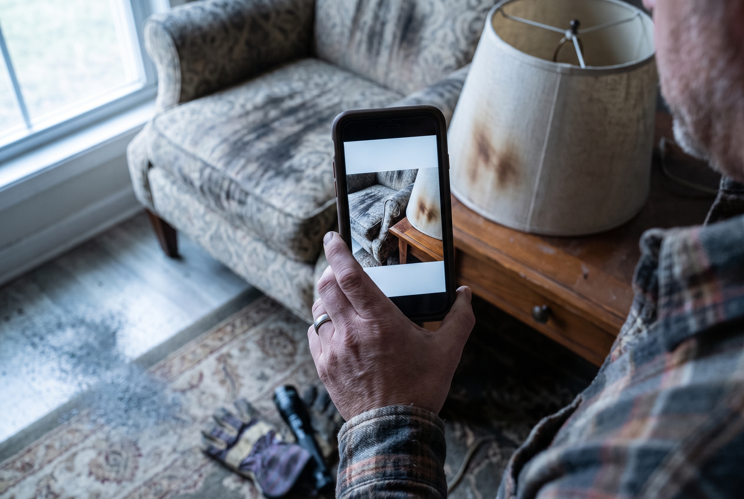 A hand holds a phone at a low angle to document a soot-streaked cushion and scorched lampshade in a still-furnished living room.