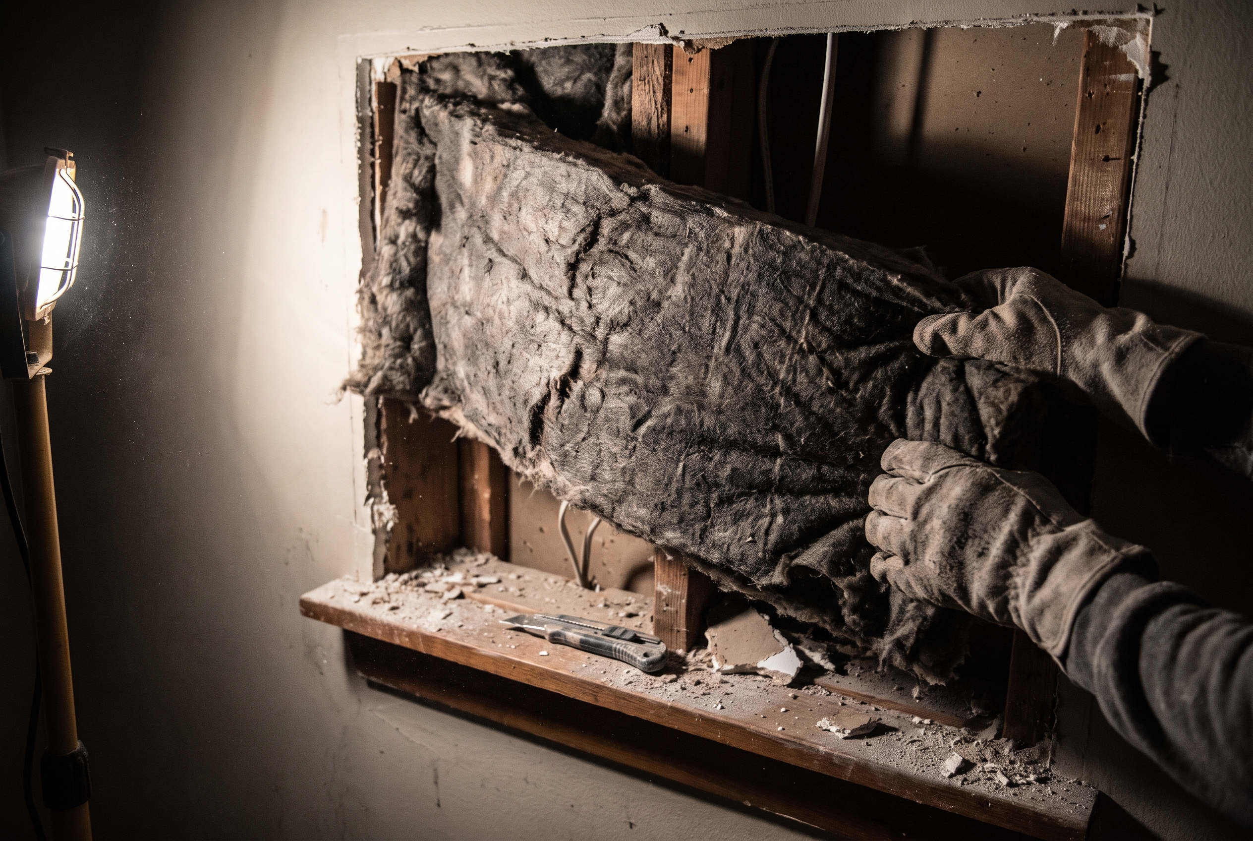 Gloved hands pull a soot-darkened batt of insulation from an open wall cavity, exposing bare studs beneath.