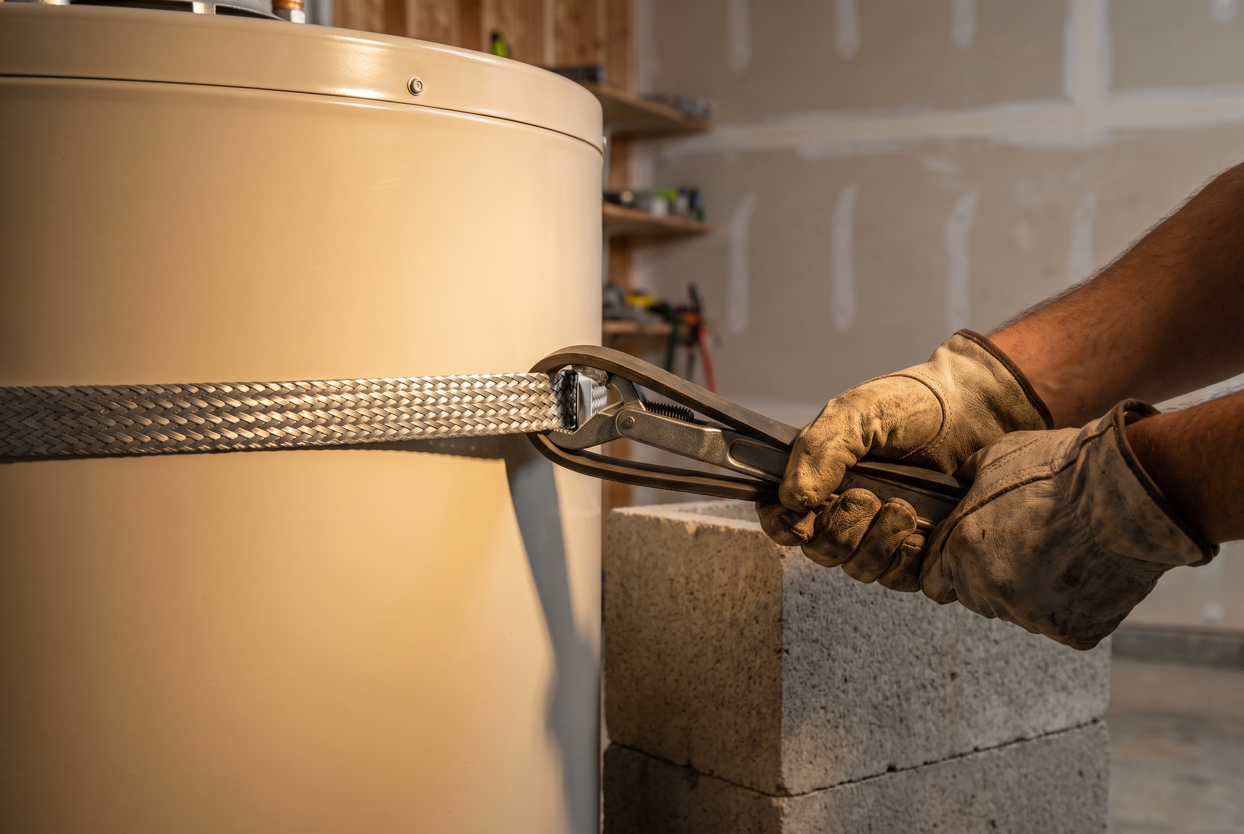 Hands tightening a seismic strap around a gas water heater set on concrete riser blocks in a garage