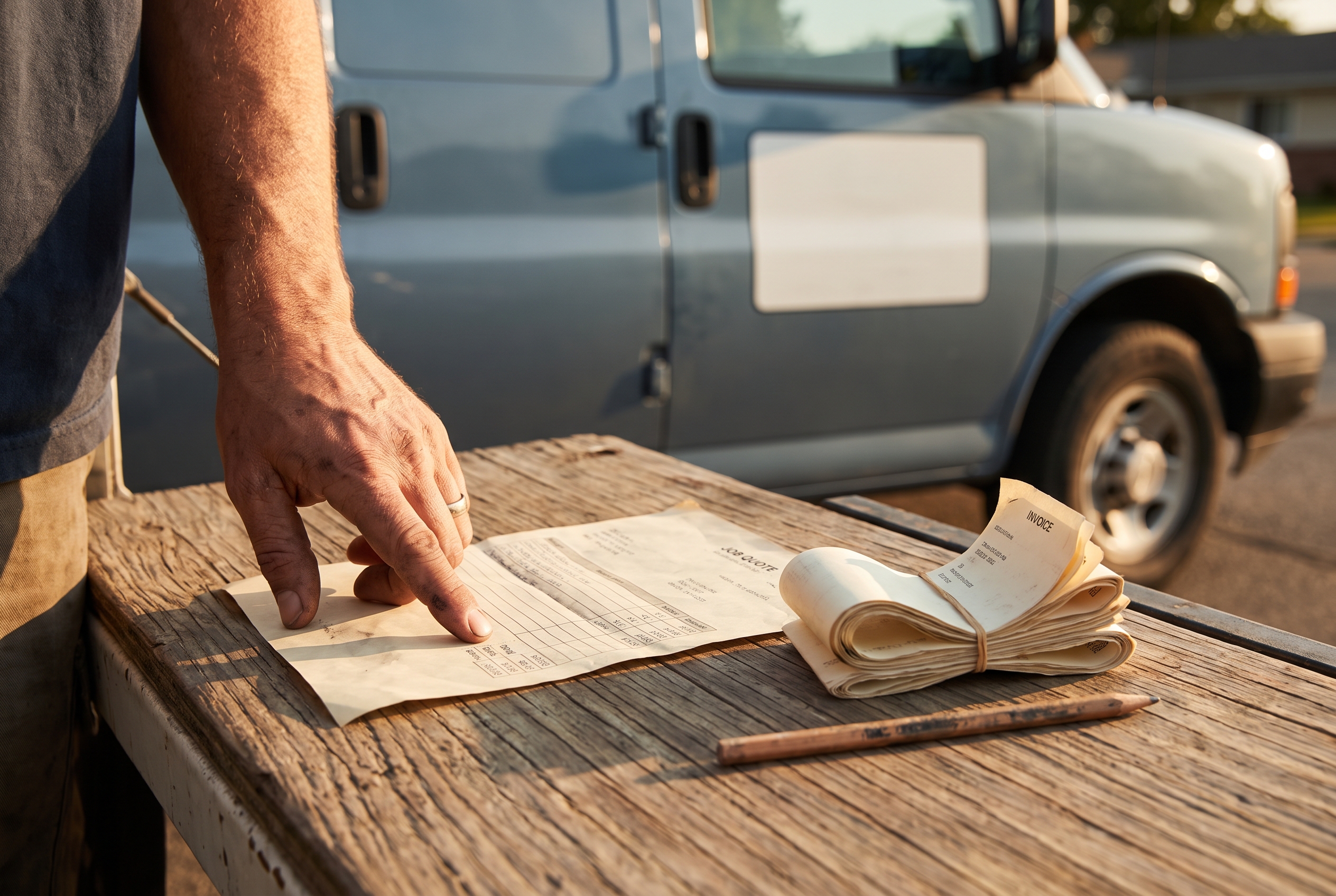 A hand pointing to a line item on a paper quote resting on a truck tailgate at golden hour