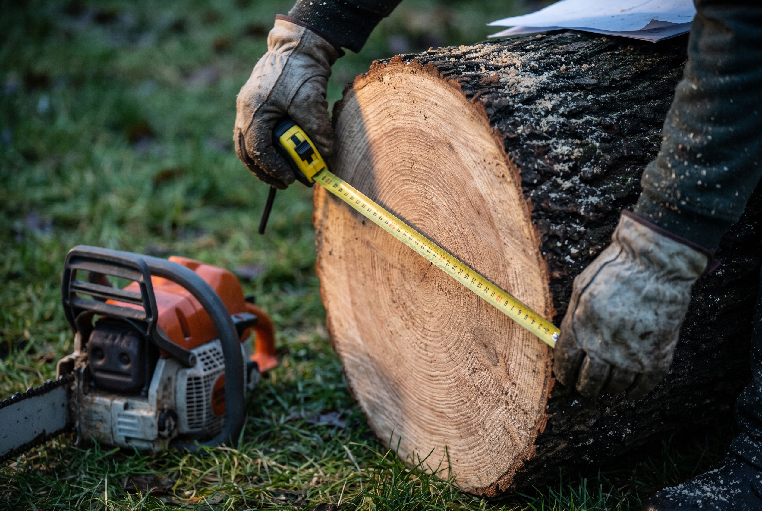 Gloved hands stretch a tape measure across the freshly cut cross-section of a fallen tree trunk, with a chainsaw resting in the grass nearby.