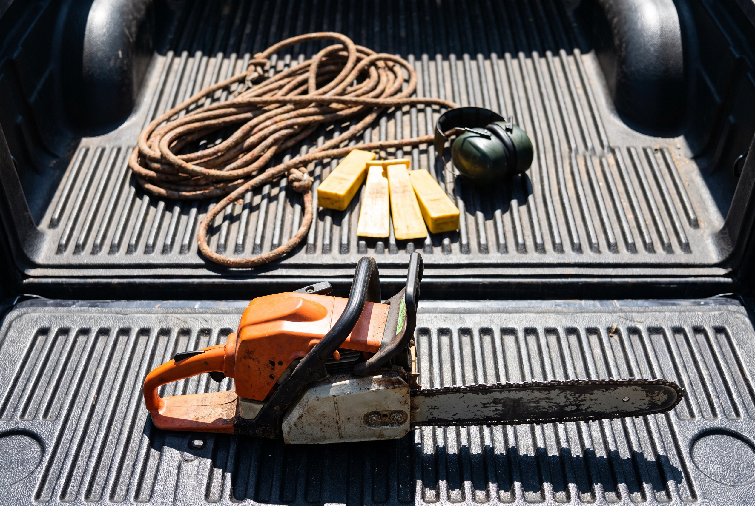 An overhead view of a chainsaw, coiled rope, felling wedges, and ear protection laid out in the bed of a pickup truck, with the chainsaw in sharp focus.