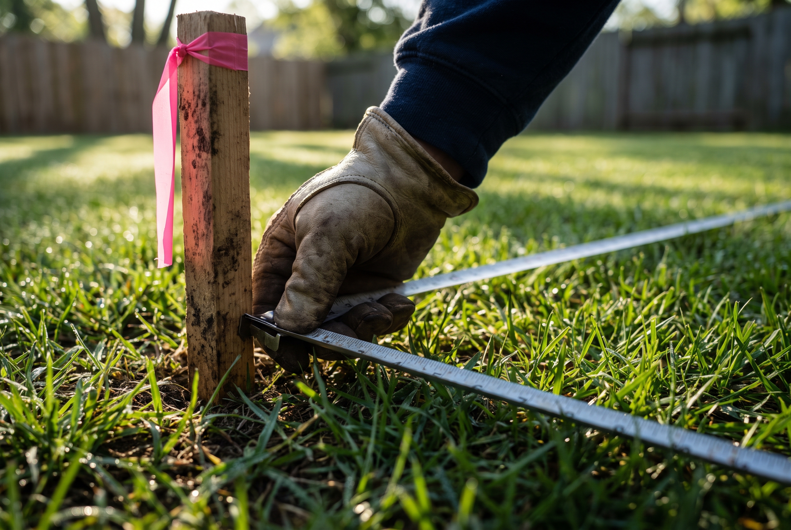 A hand pinching the hook end of a steel tape measure stretched across a lawn toward a wooden survey stake wrapped in pink flagging tape.