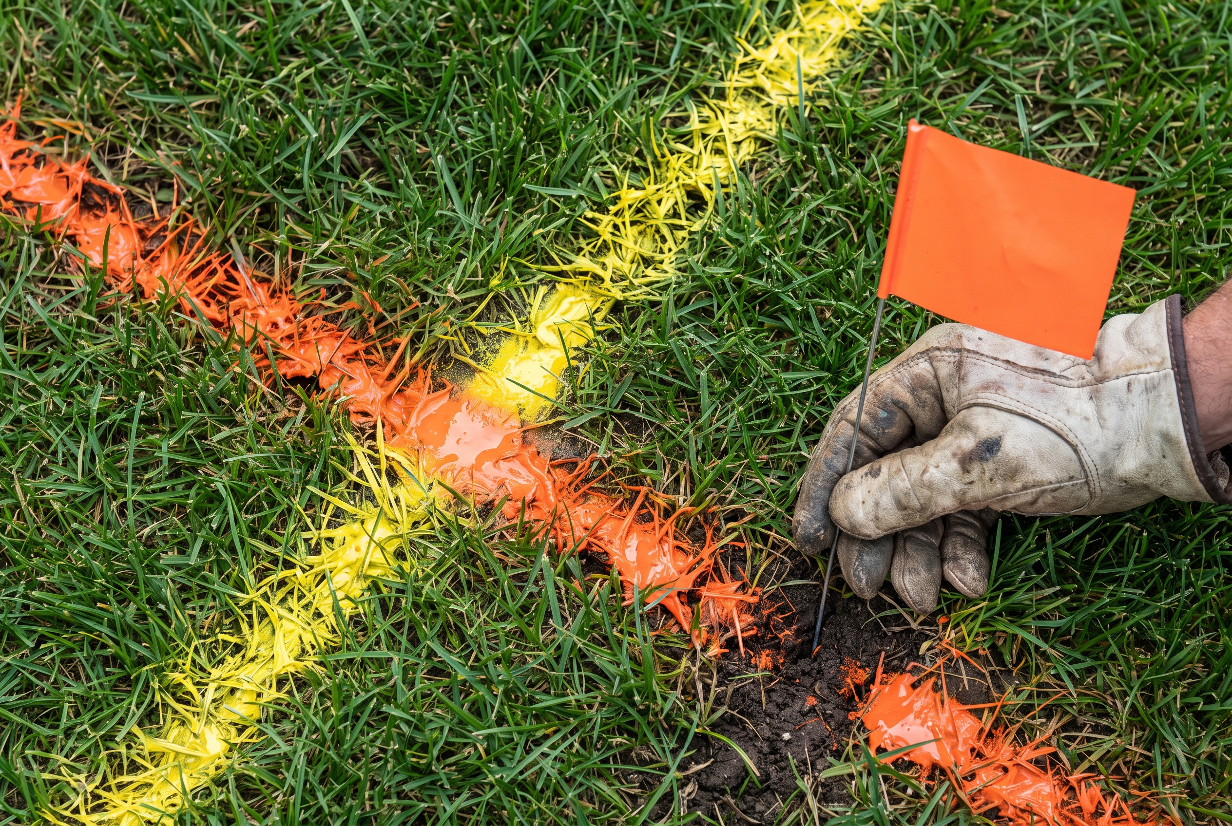 An overhead close view of bright orange and yellow spray-painted utility locate marks on a lawn with a gloved hand pressing a small wire flag into the ground at the paint's edge.