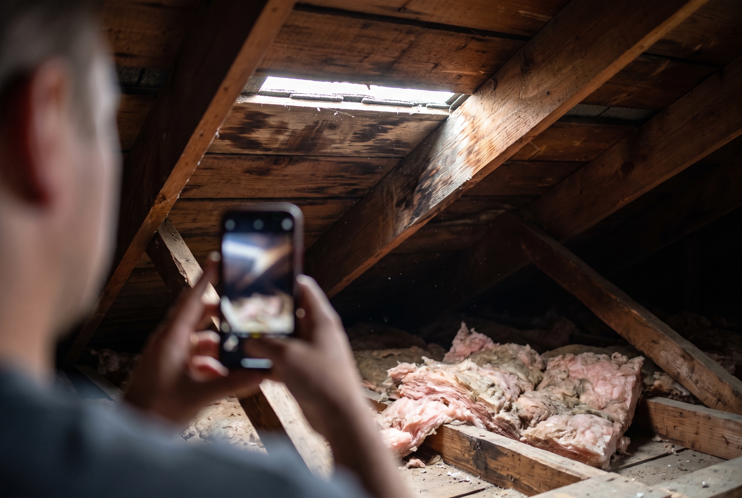 A hand holding a phone to photograph water-stained rafters and insulation inside a storm-damaged attic.