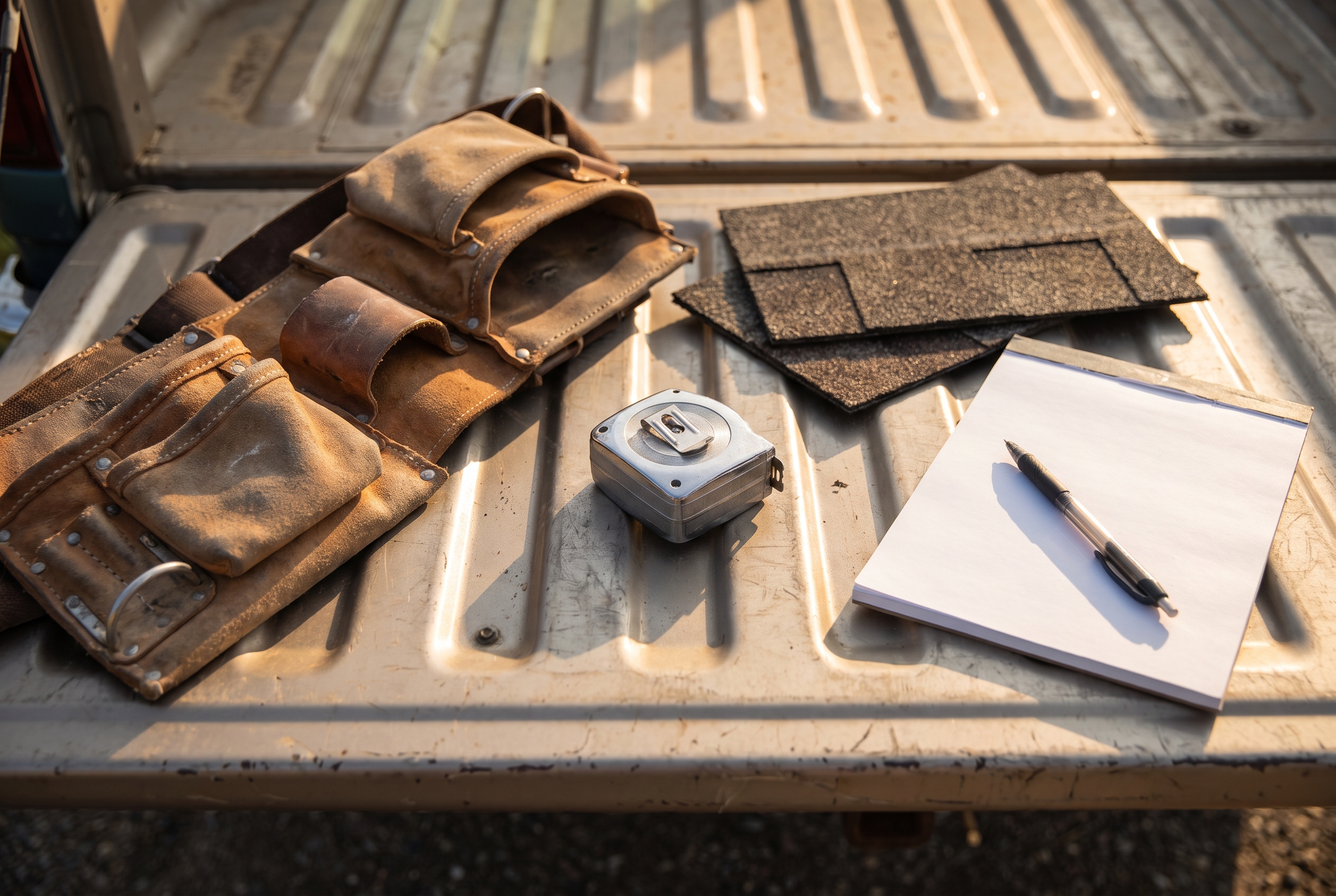 An overhead flat-lay of a tool belt, tape measure, shingle samples and a blank notepad on a truck tailgate in morning light.