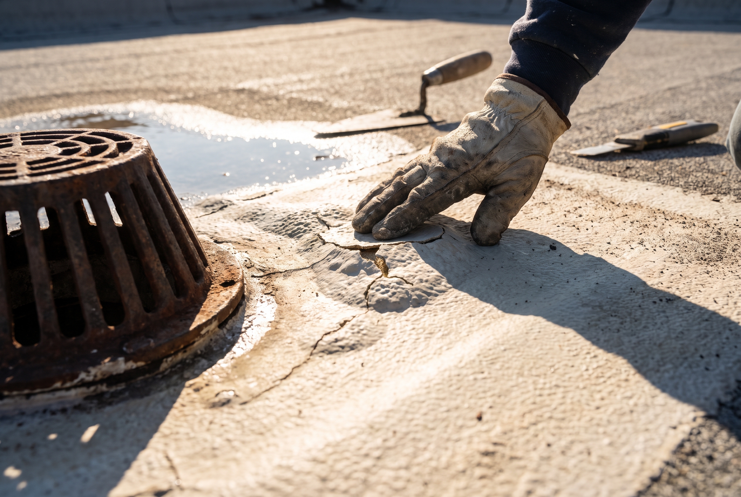 A gloved hand presses into a cracked, blistered patch of roof foam coating near a drain, with a shallow pool of standing water nearby on the dry roof.