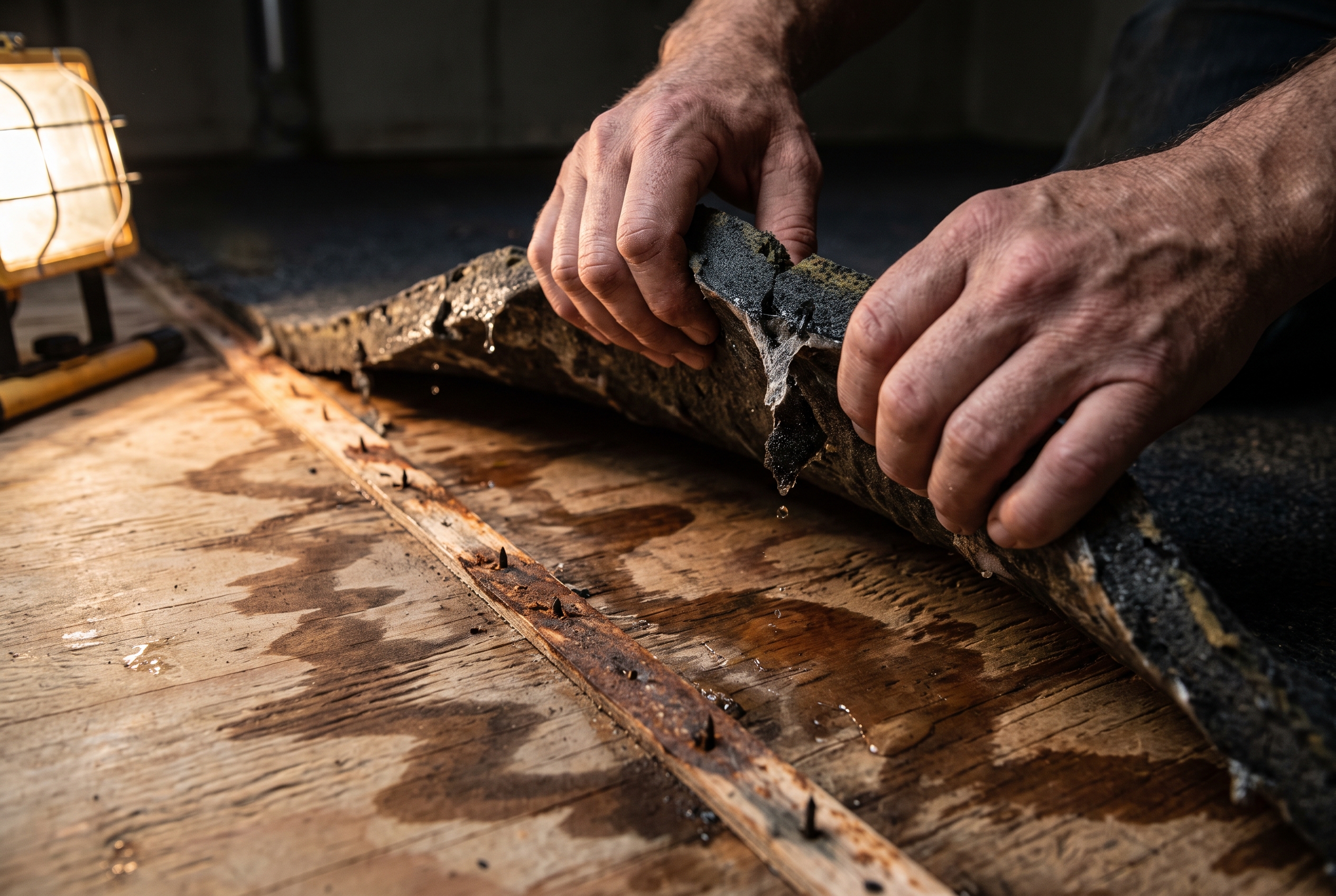 Hands peel back a soaked carpet pad from a damp plywood subfloor, revealing water-stained wood grain underneath.