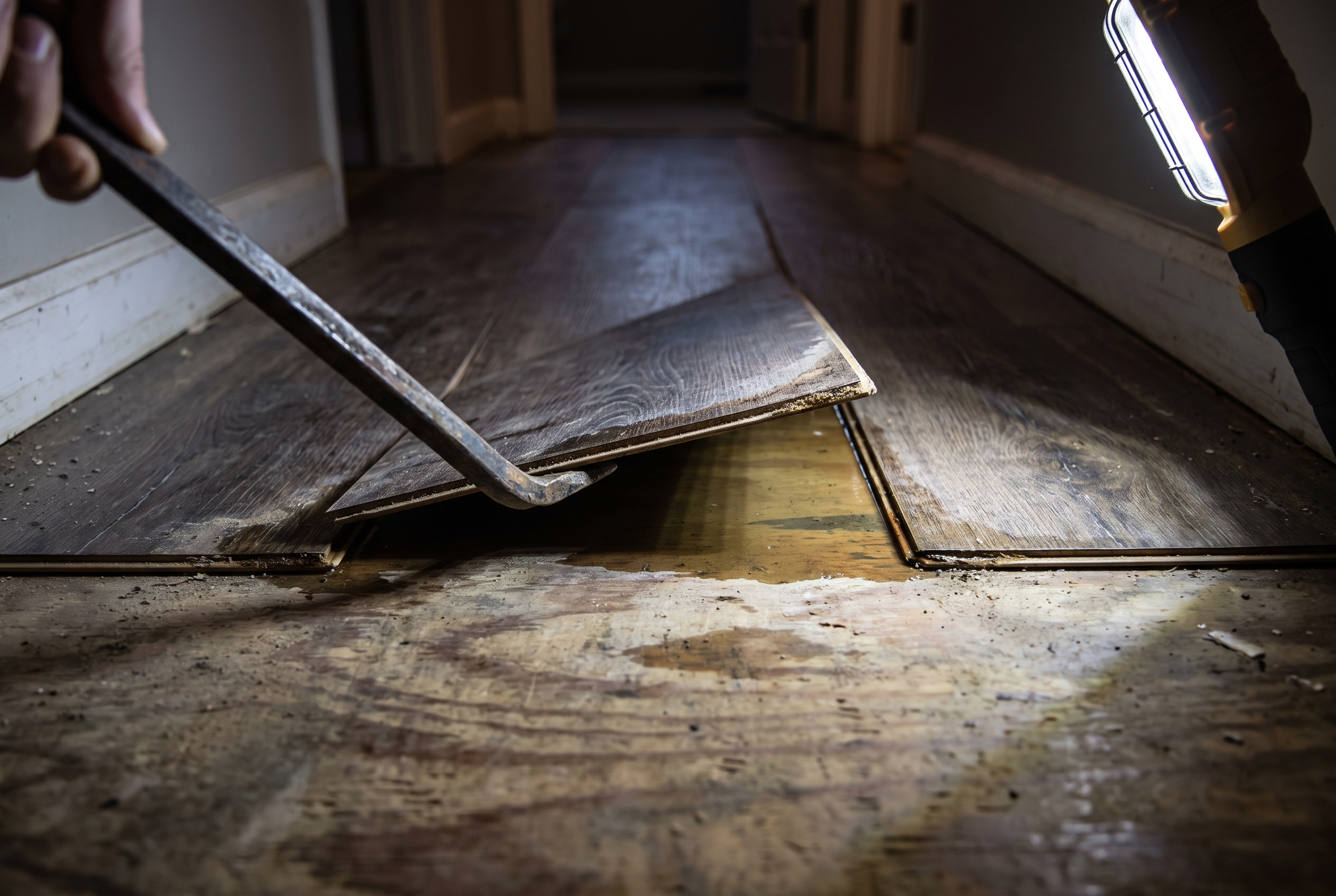 A pry bar lifts the corner of a laminate plank to reveal a thin layer of trapped water pooling on the plywood subfloor beneath it.
