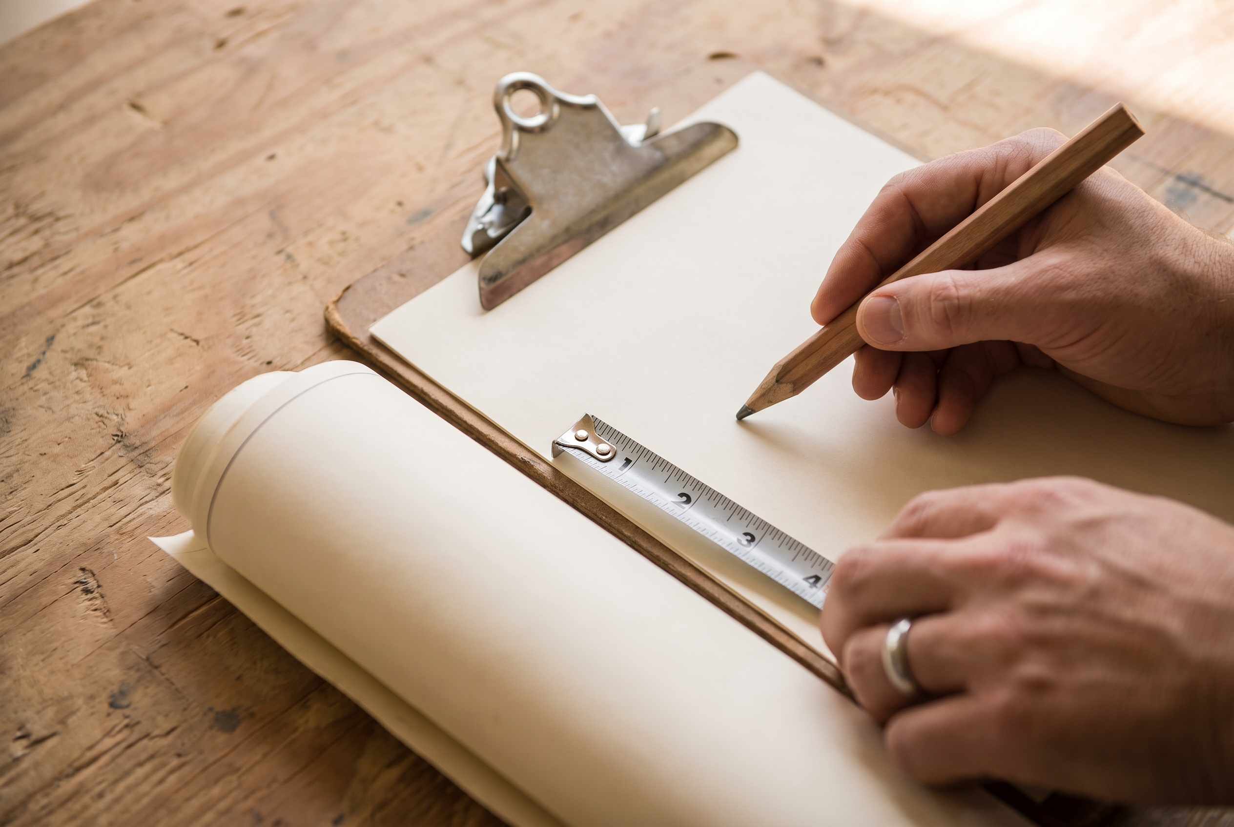 Overhead view of a hand holding a carpenter pencil over a blank clipboard sheet, next to an extended tape measure and rolled plans on weathered plywood.