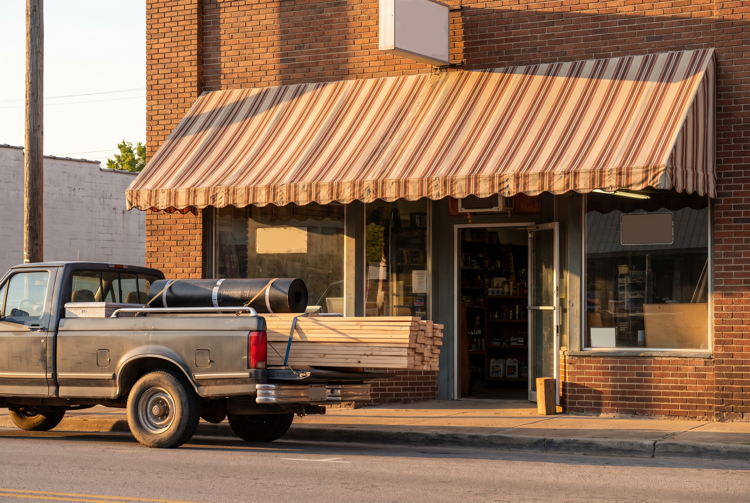 A brick hardware storefront with a warm awning at golden hour and a pickup truck at the curb loaded with lumber and roofing underlayment.