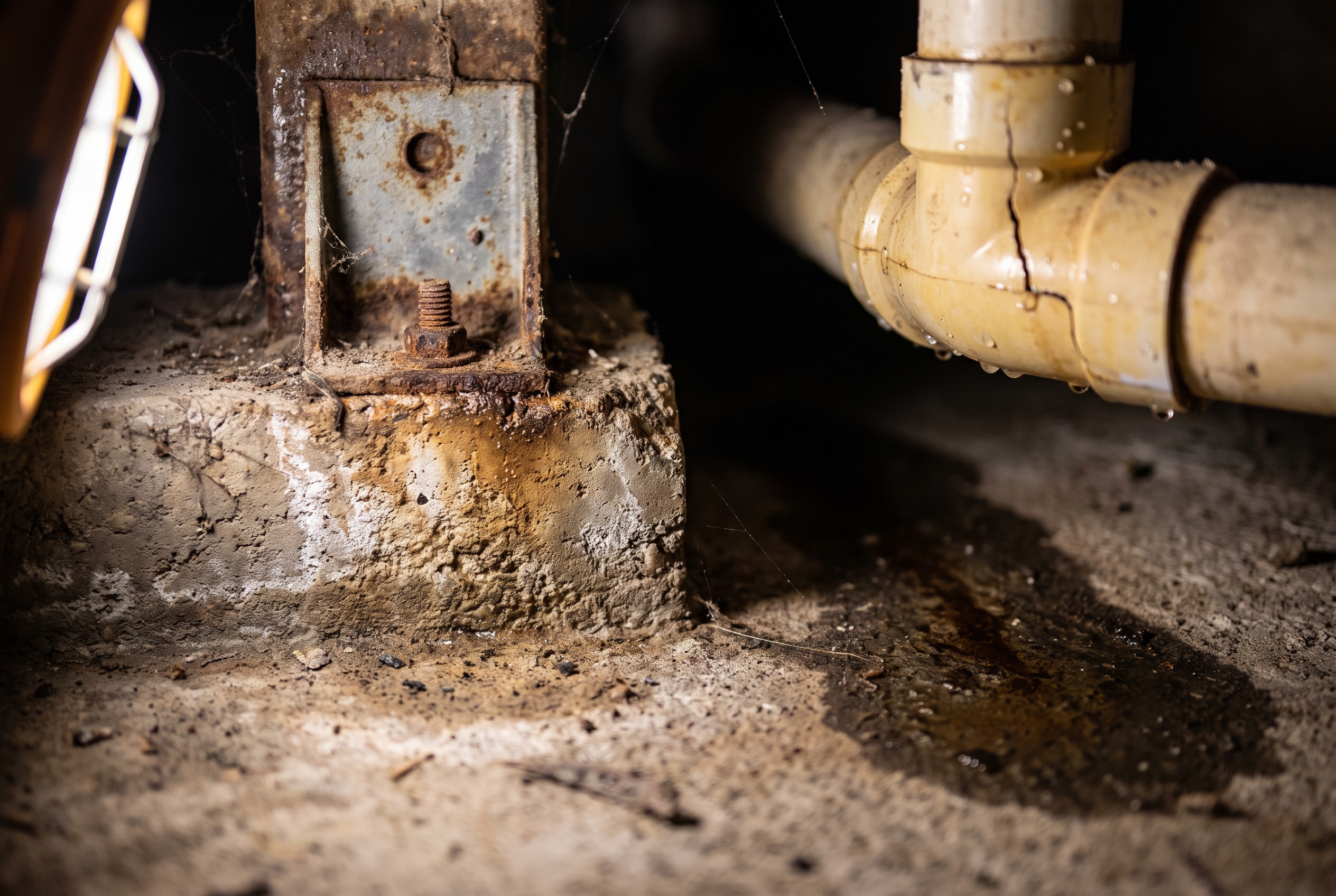 Close detail of a steel foundation pier bracket bolted to a concrete footing with a water stain and a cracked pipe joint nearby