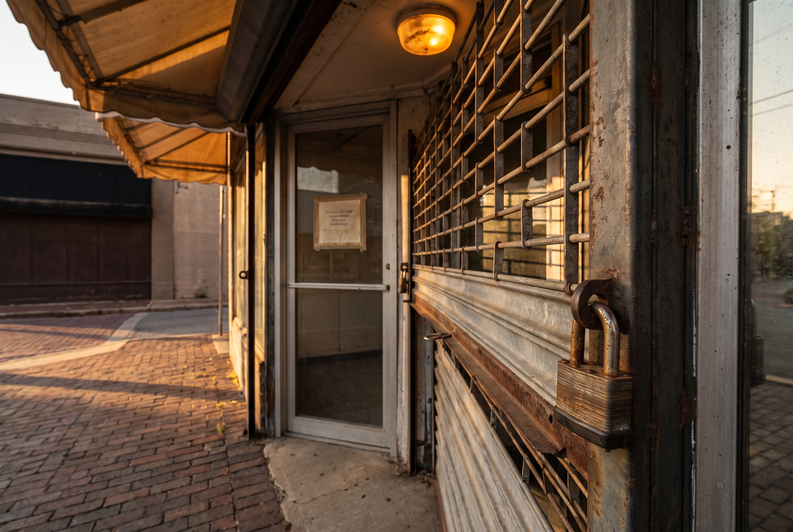 A small storefront with a padlocked roll-down metal gate and a faded notice taped inside the glass door, lit by warm awning light at dusk