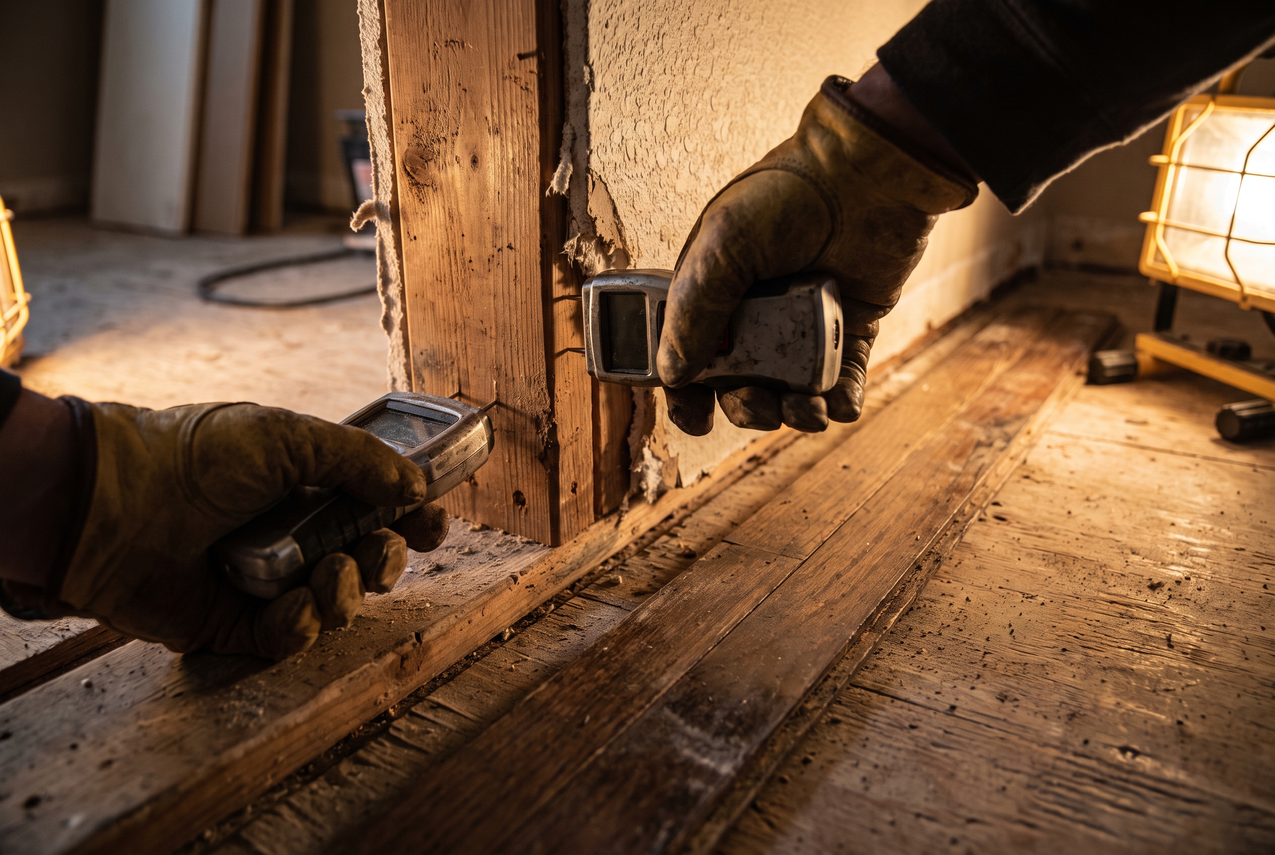 A gloved hand holds a pin moisture meter against a bare wall stud next to a pulled-up strip of hardwood flooring
