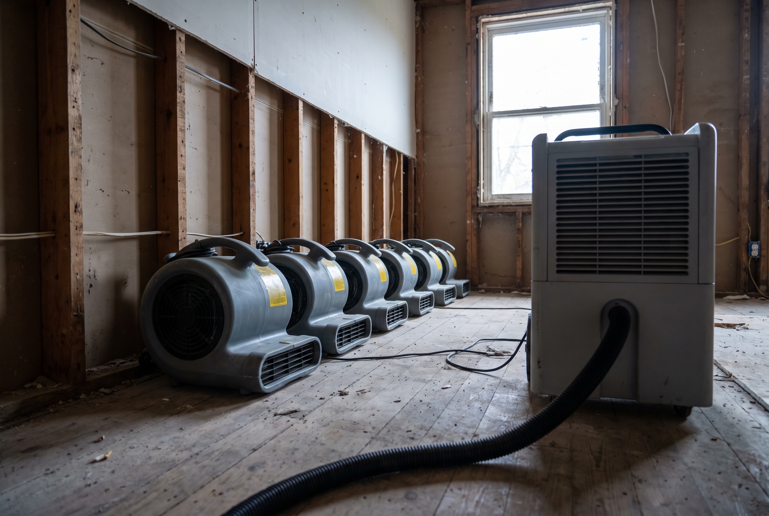 A row of angled air movers lines a stripped wall while a dehumidifier with a drain hose sits in the foreground of a gutted room