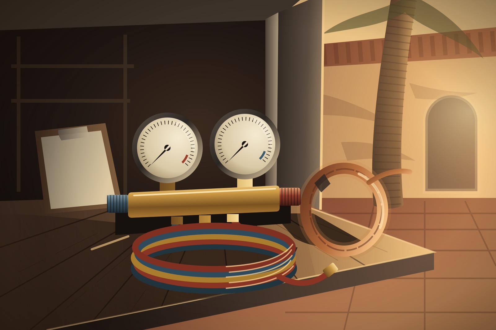 A van tailgate in warm evening light holding a brass manifold gauge set with coiled hoses, a roll of copper tubing and a clipboard with a blank sheet, with a blurred stucco house behind.