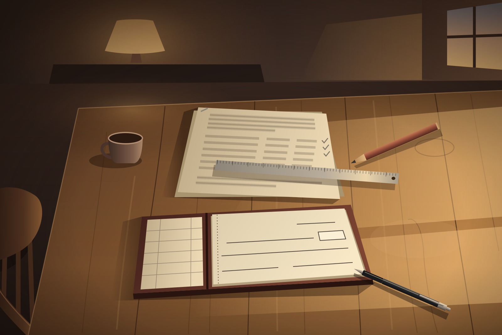 A worn wooden kitchen table at dusk with an open checkbook, a pen, a contract with illegible lines, a steel ruler and a pencil, and a pulled-back chair at the edge of the frame.