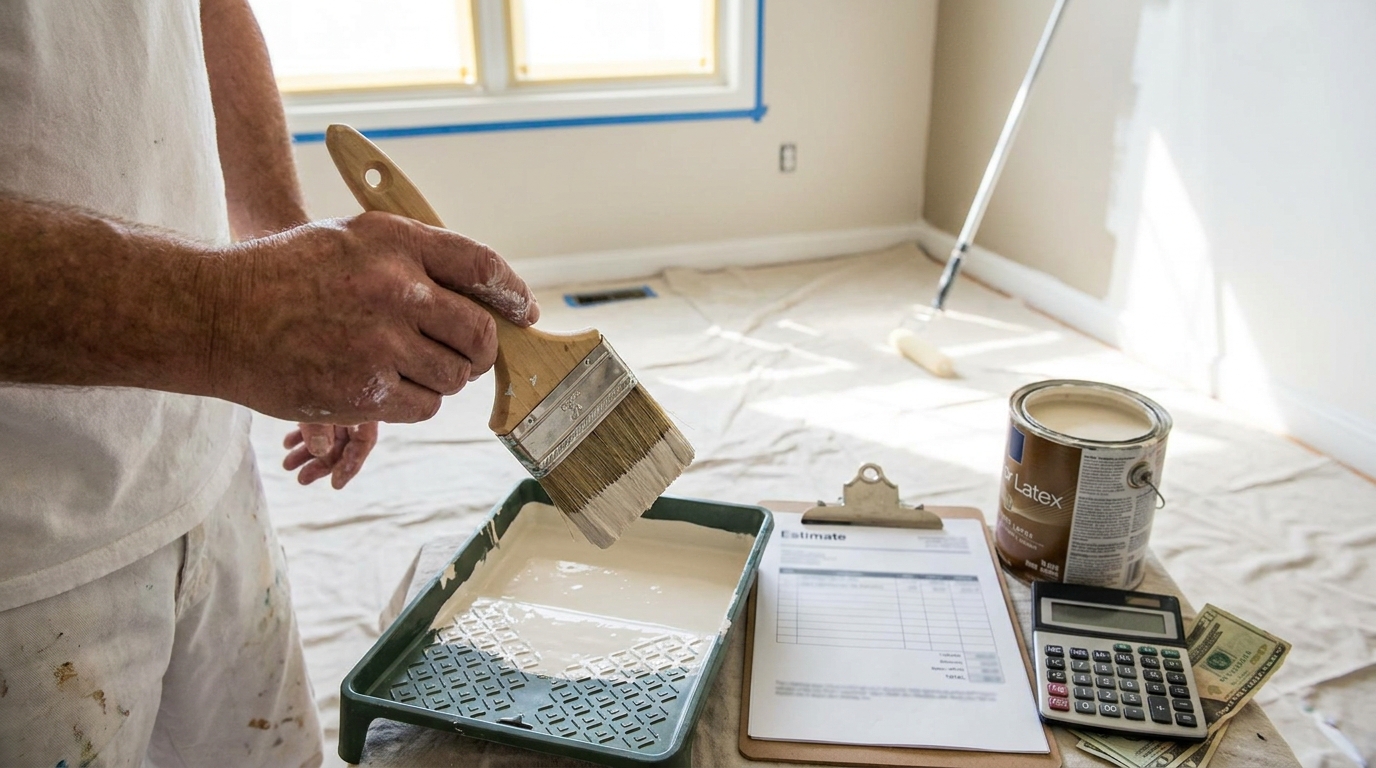 Painter cutting in along a living room ceiling with a brush, illustrating what drives interior house painting cost