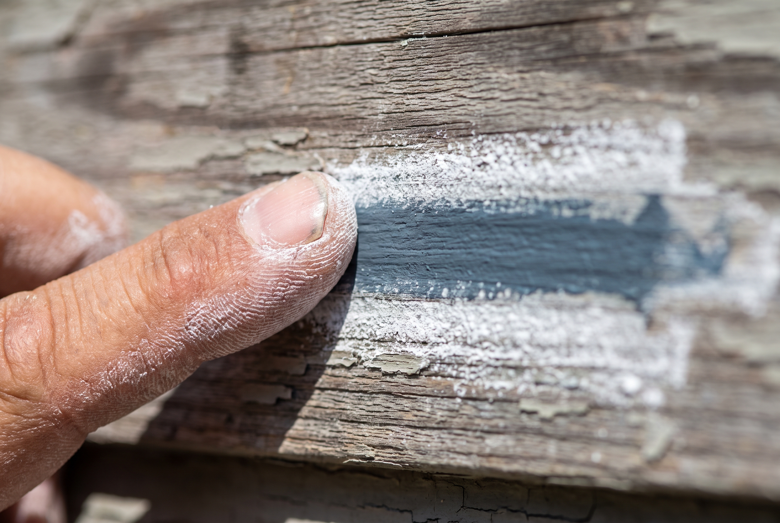 Close detail of a bare fingertip dragged through a chalky white film on faded siding, leaving a darker streak where the true paint color shows through the powder.