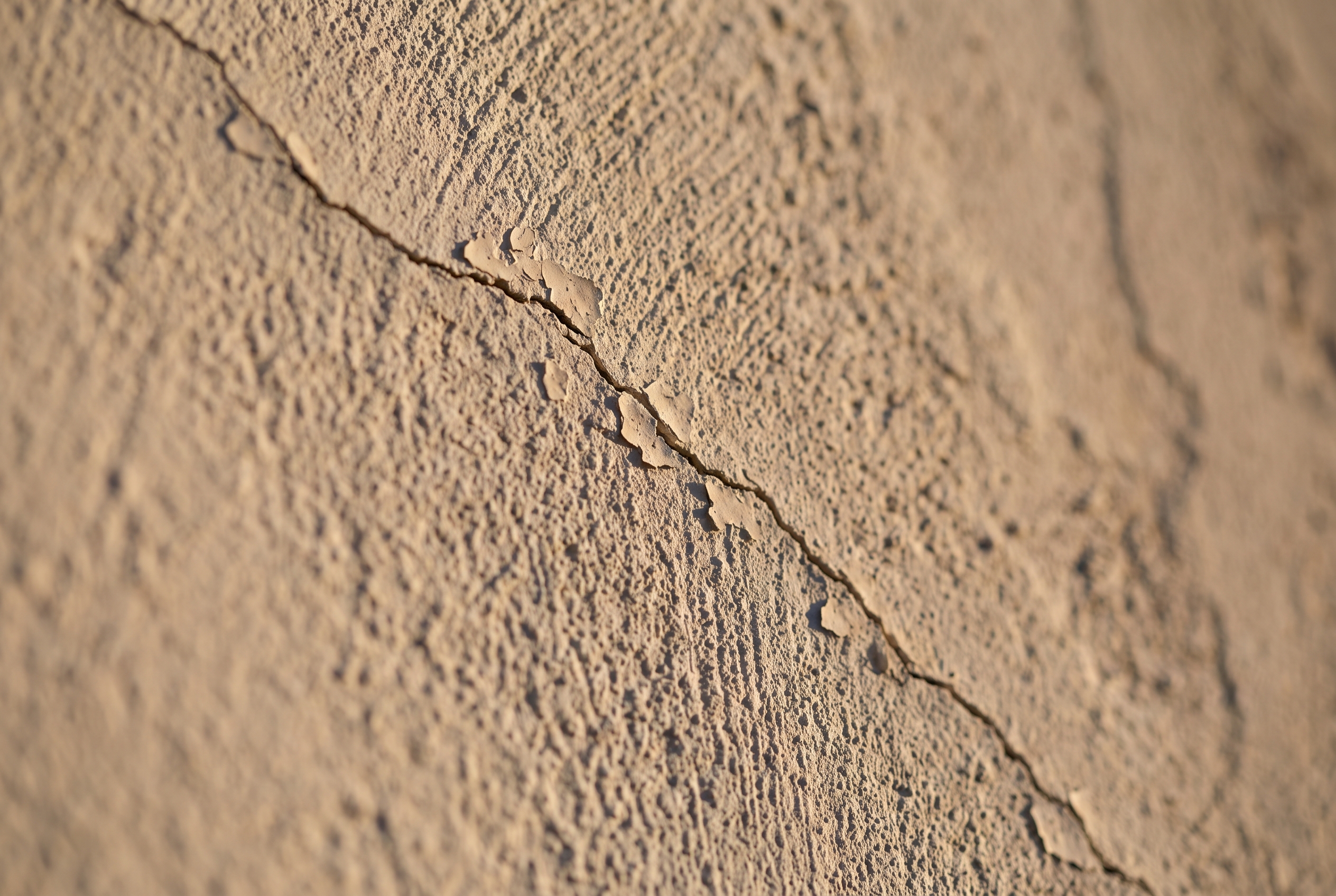 Close detail of a hairline crack running diagonally across rough-troweled stucco, with small flakes of sun-bleached paint lifting at its edge in raking afternoon light.