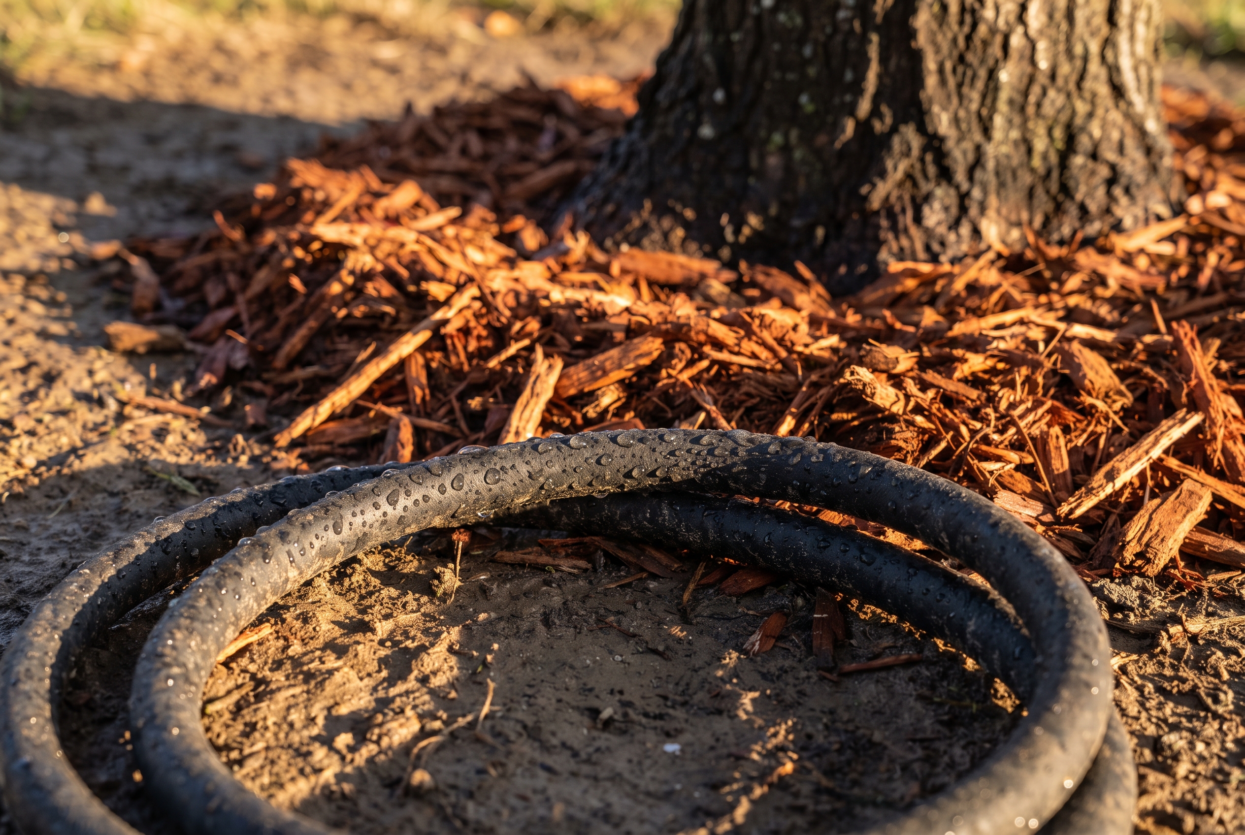 Coiled soaker hose beaded with water lying in a ring of mulch at a tree's base under low fall sunlight.
