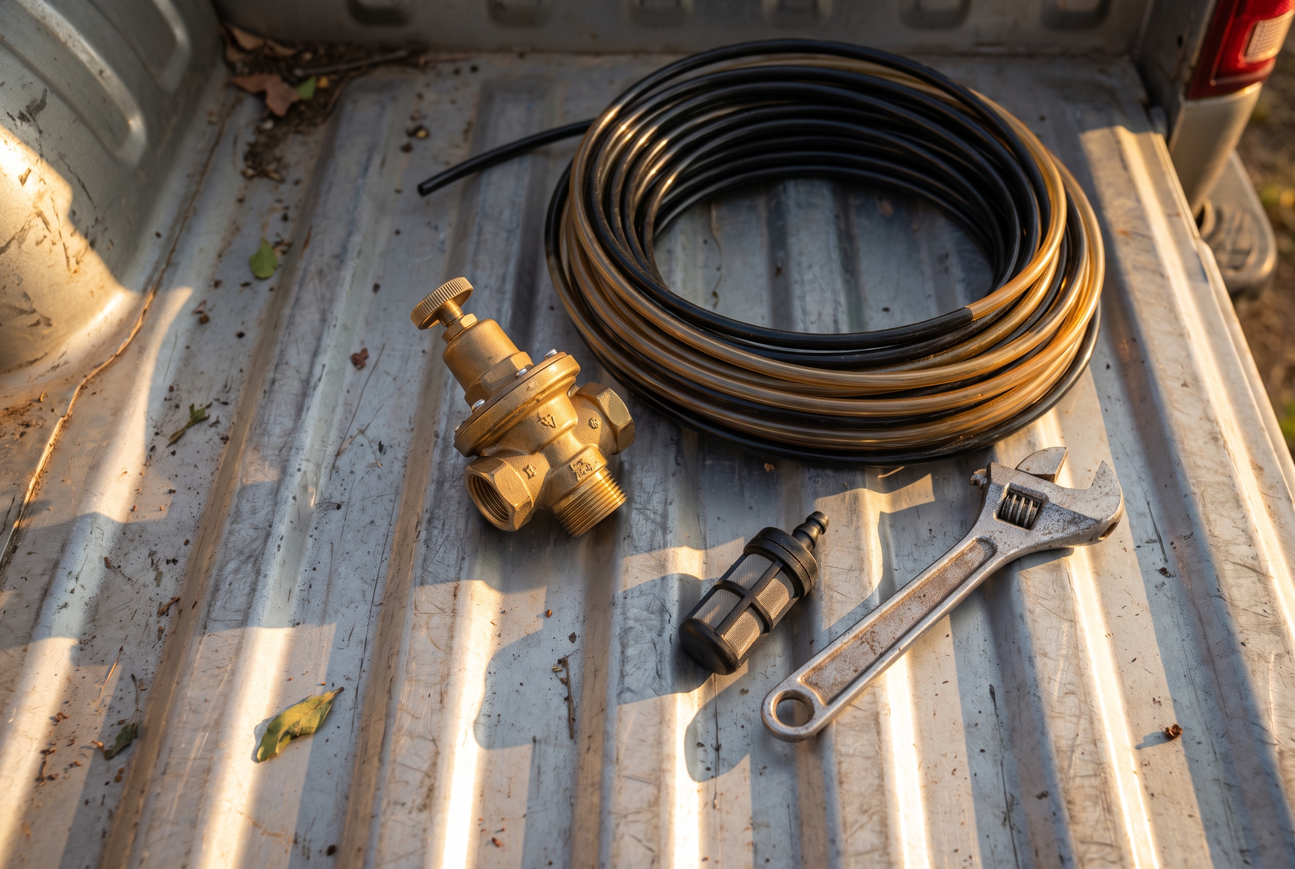 Overhead view of a drip irrigation pressure regulator, coiled tubing, filter, and wrench laid out on a truck bed in late-afternoon light.