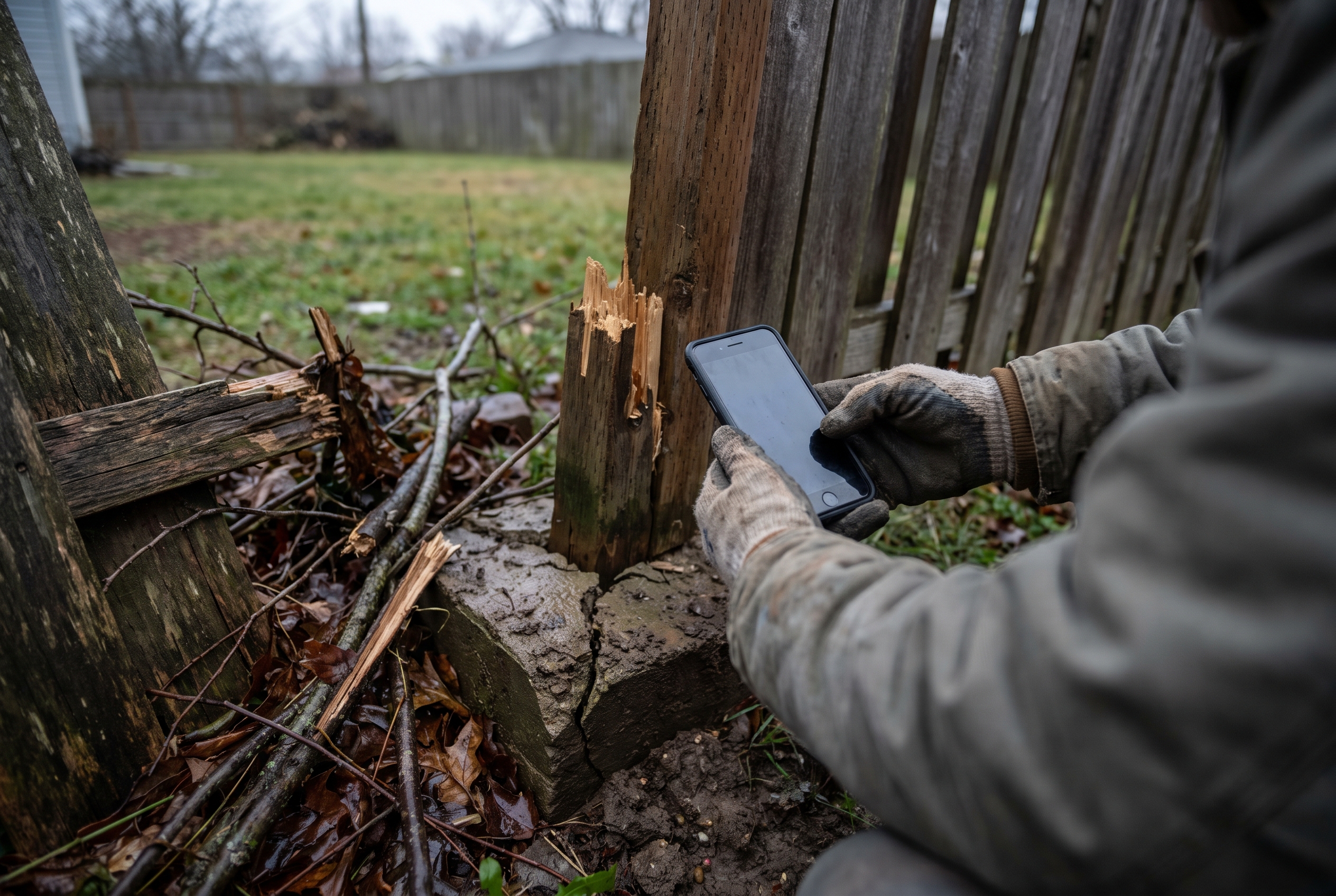 A person crouches to photograph a cracked fence post footing with a phone before cleaning up storm debris.