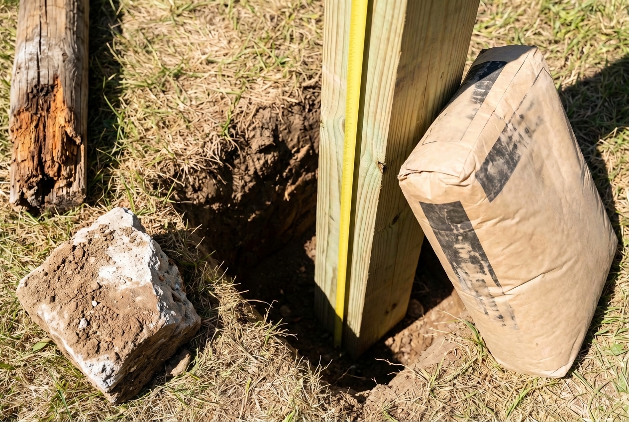 A new fence post stands in a freshly dug hole beside a bag of concrete mix and the old post's broken-out footing.