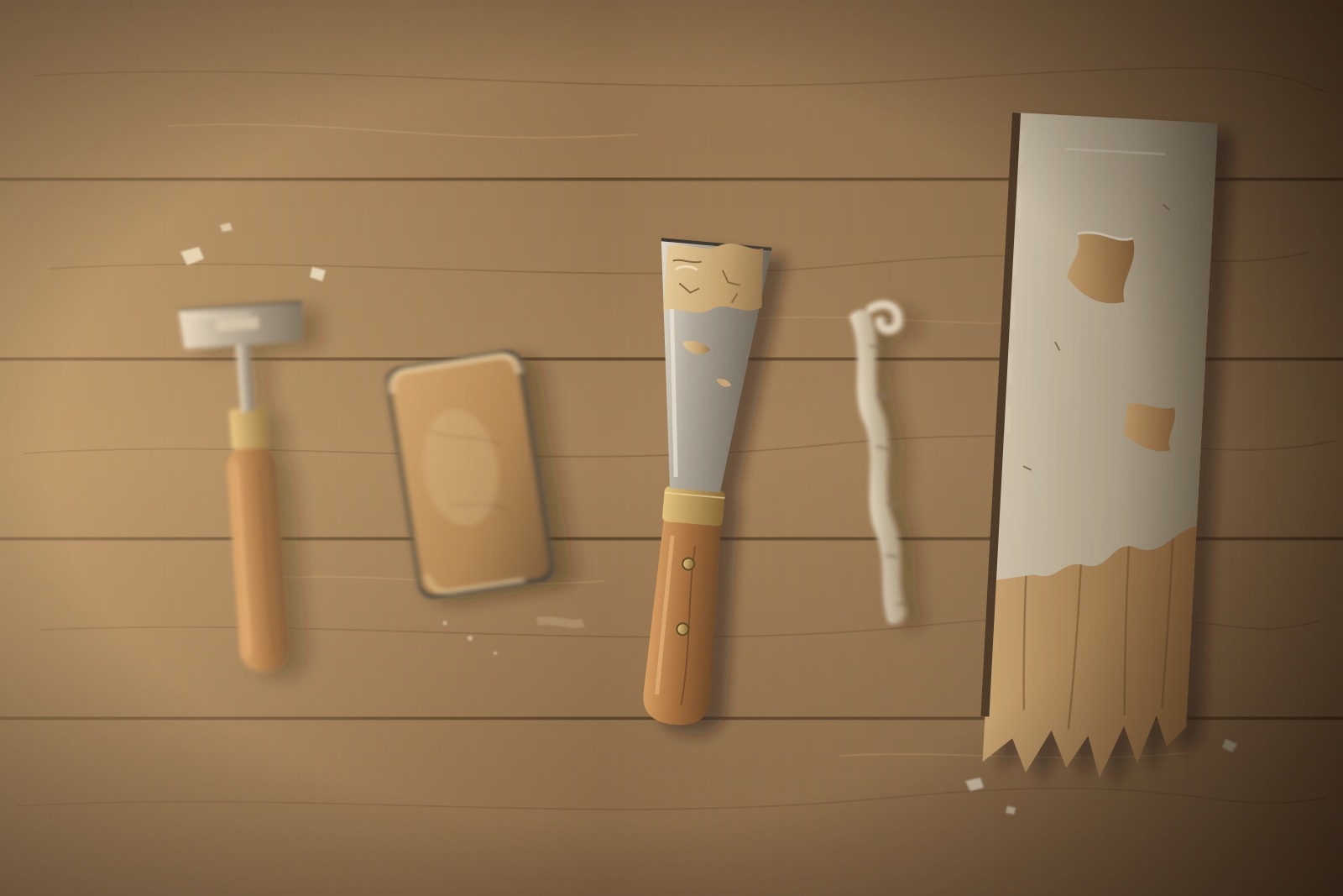 Illustration of a scraper, worn sanding block, putty knife with wood filler and a strip of cracked caulk laid out beside a rotted piece of trim board in raking light.