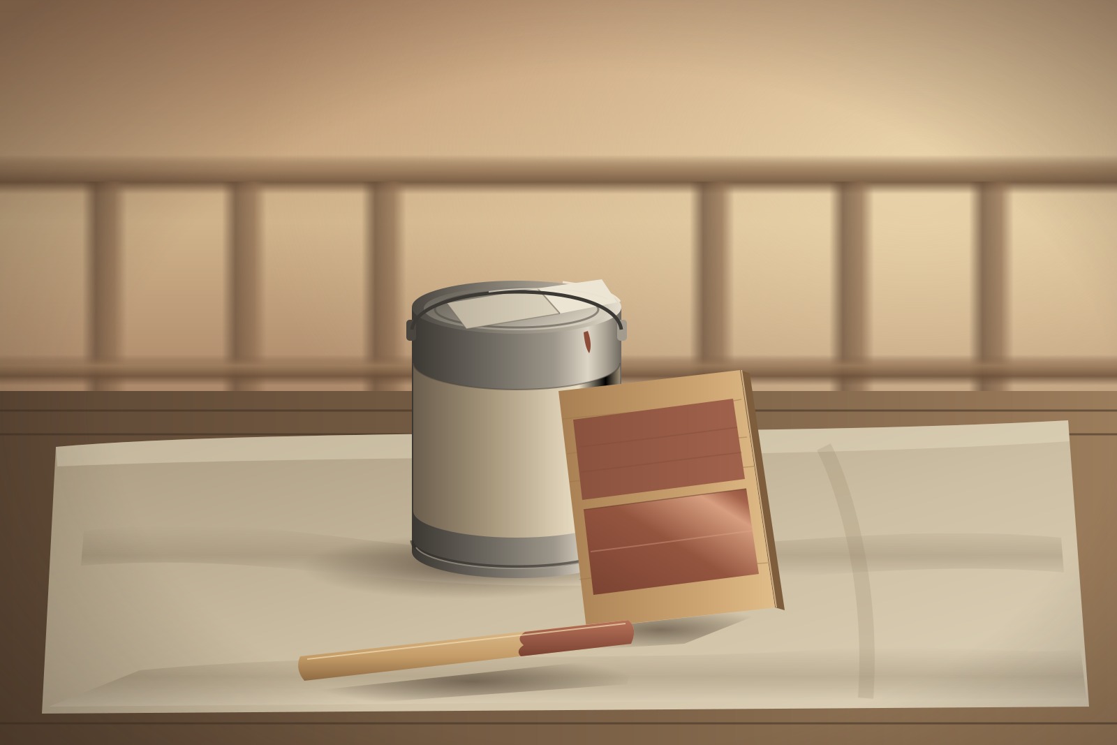 Illustration of a closed paint can with a blank label, a sample board showing two bands of different sheen, a stir stick and a folded blank page on a canvas drop cloth.