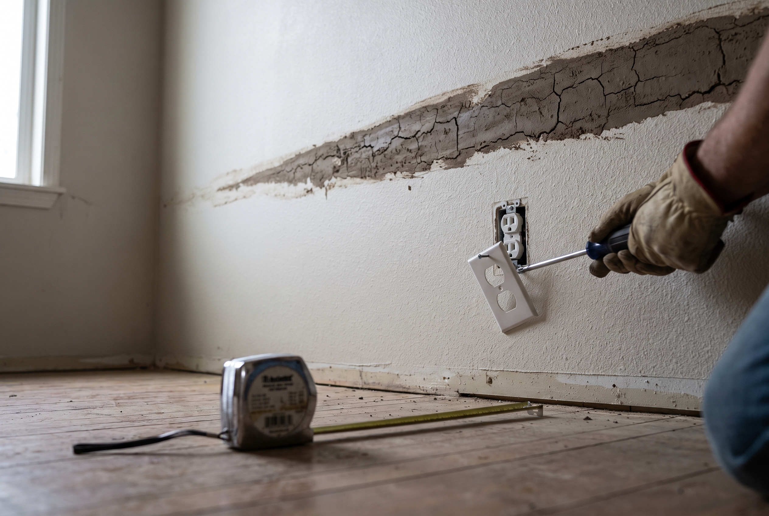 A dried mud tide line on a wall above an outlet with its cover plate hanging loose, a tape measure resting on the floor below.