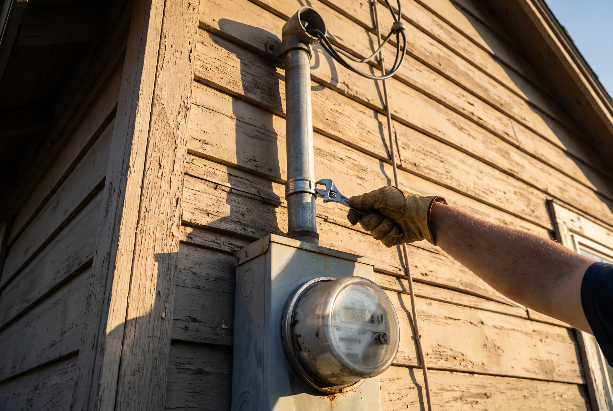 A hand checking a fitting on the conduit riser between a house's electric meter and the weatherhead where service wires enter.