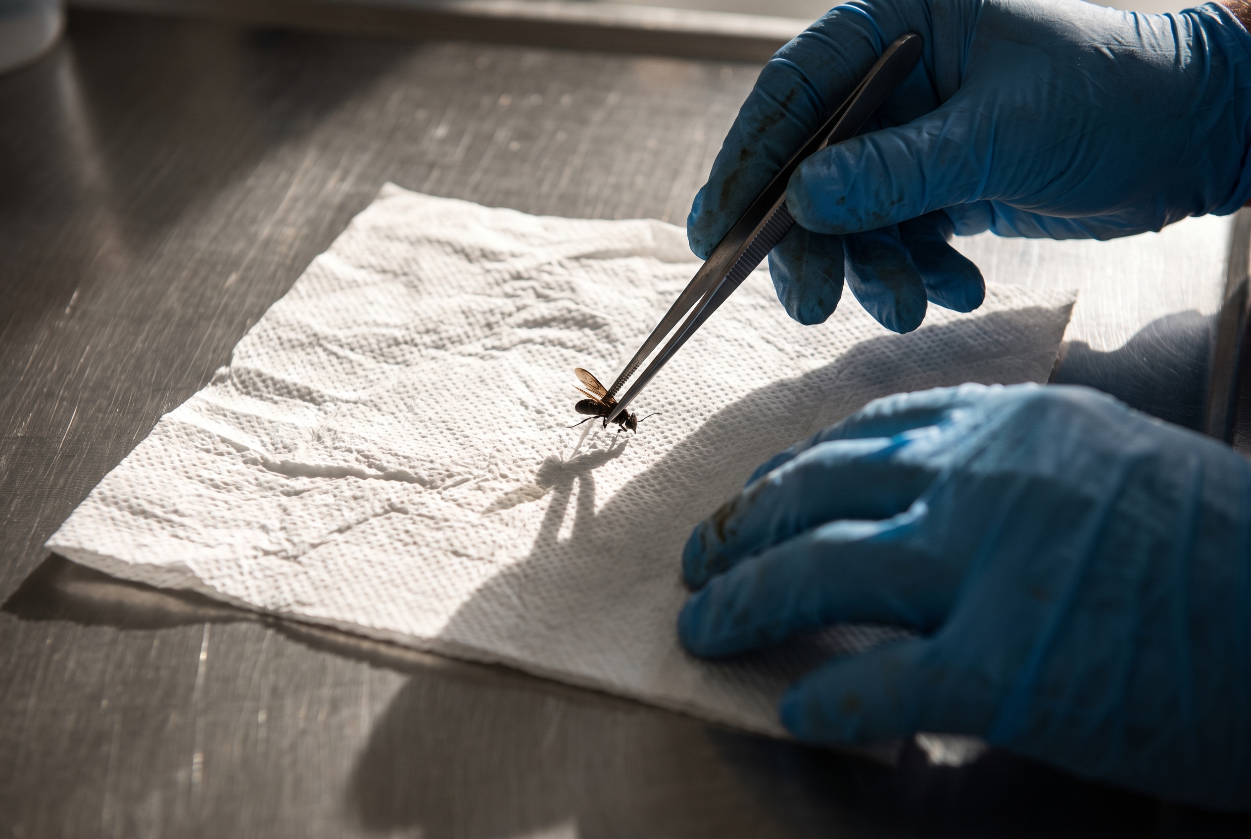 Gloved hands using tweezers to place a winged insect onto a white paper towel for close inspection.