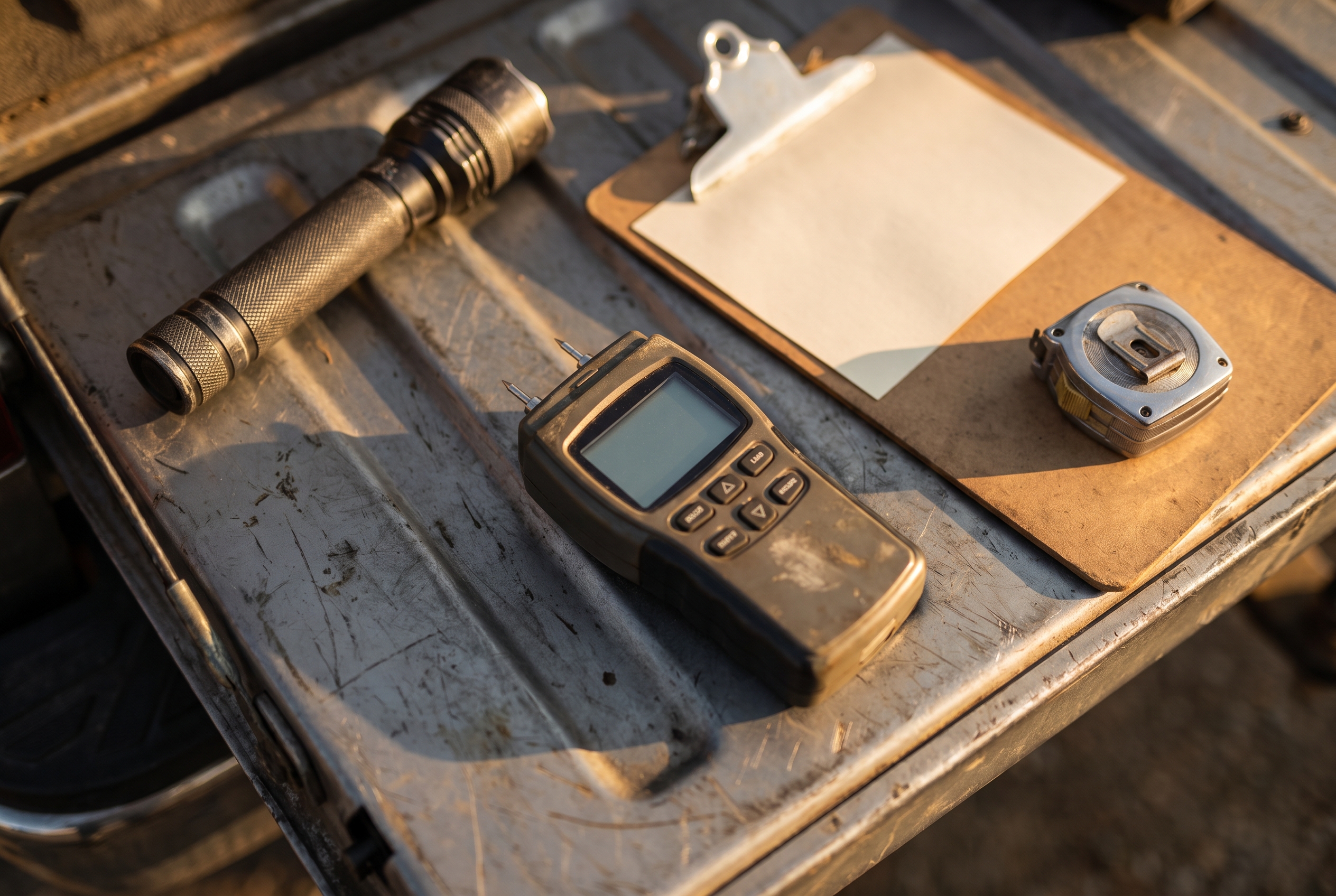 A pest-inspection kit with a moisture meter, flashlight, blank clipboard and tape measure laid out on a truck tailgate in warm light.