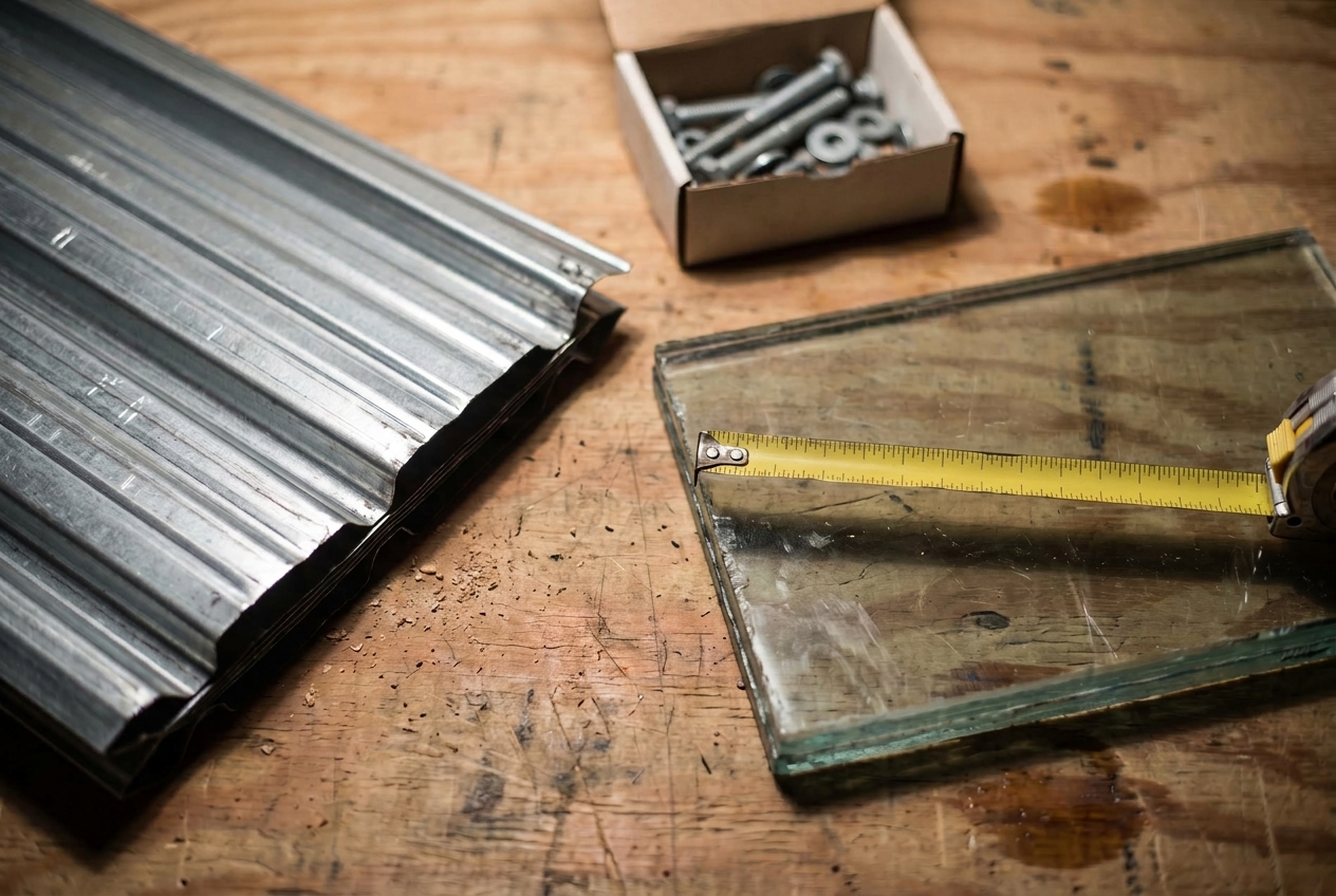An overhead workshop flat-lay shows a folded steel shutter panel and a cut sample of laminated impact glass beside a tape measure and a box of bolts, lit from one side on a plywood workbench.