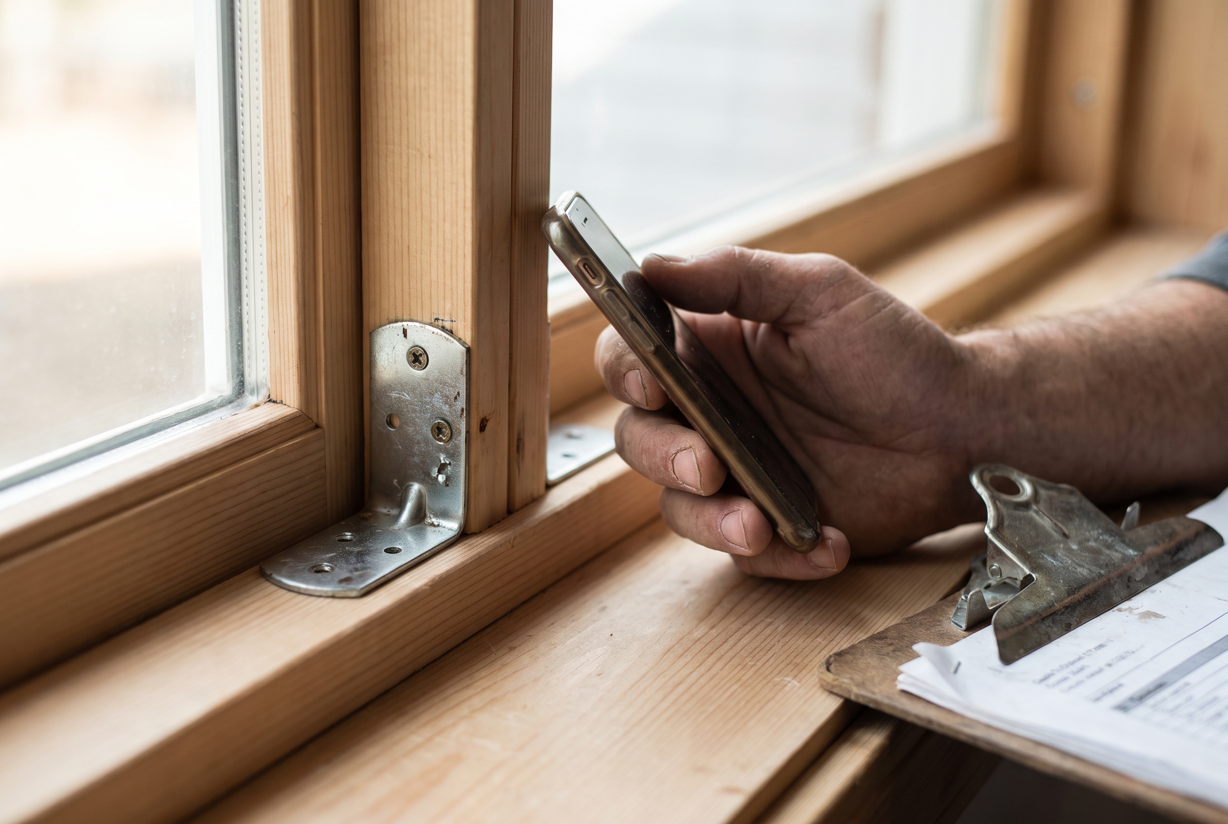 A hand holds a phone close to the corner bracket of a newly installed window frame, photographing it for an insurance inspection file in daylight.