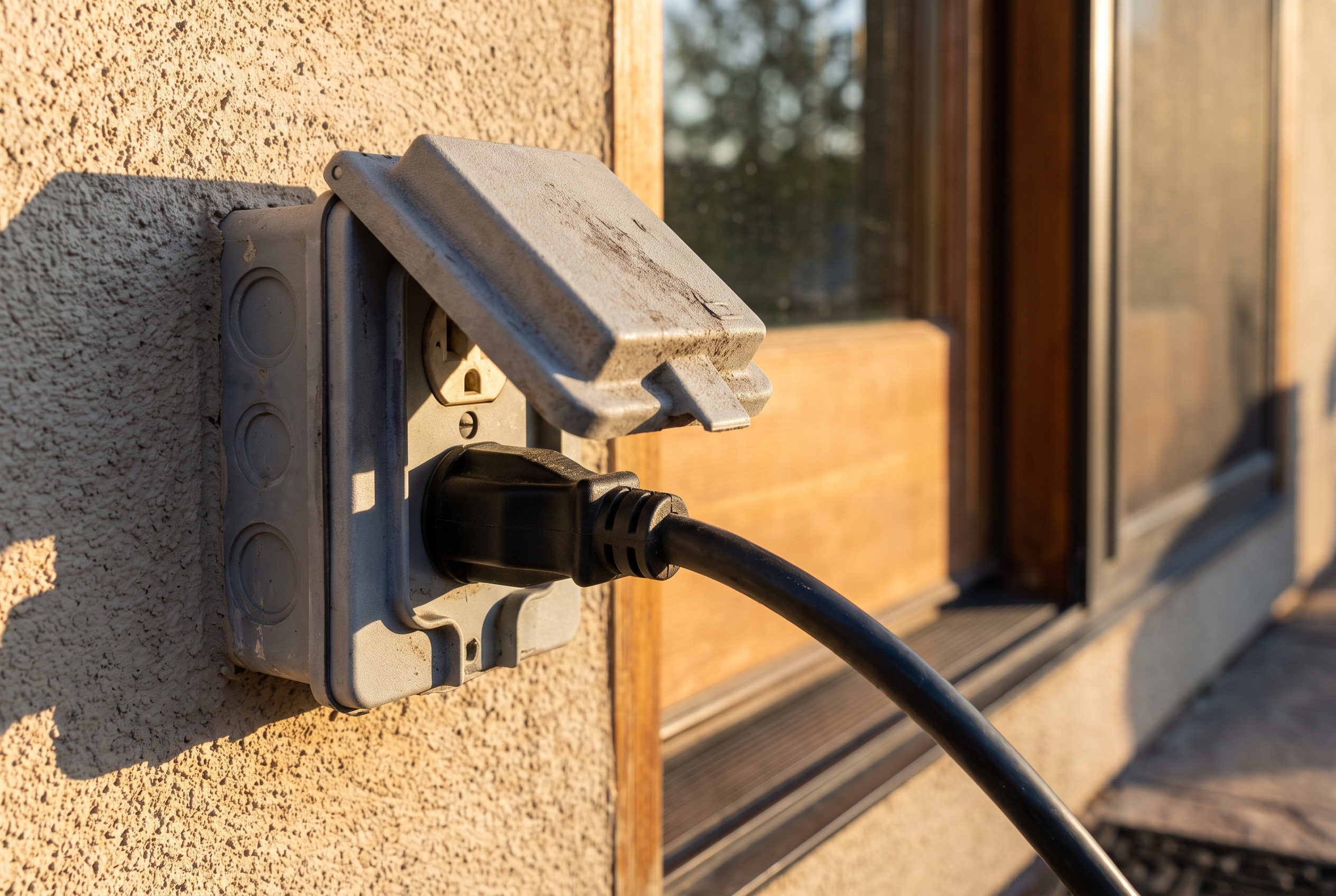 A hand releasing a plug seated in a weatherproof outdoor outlet beside a balcony door, lit by low raking sunlight.