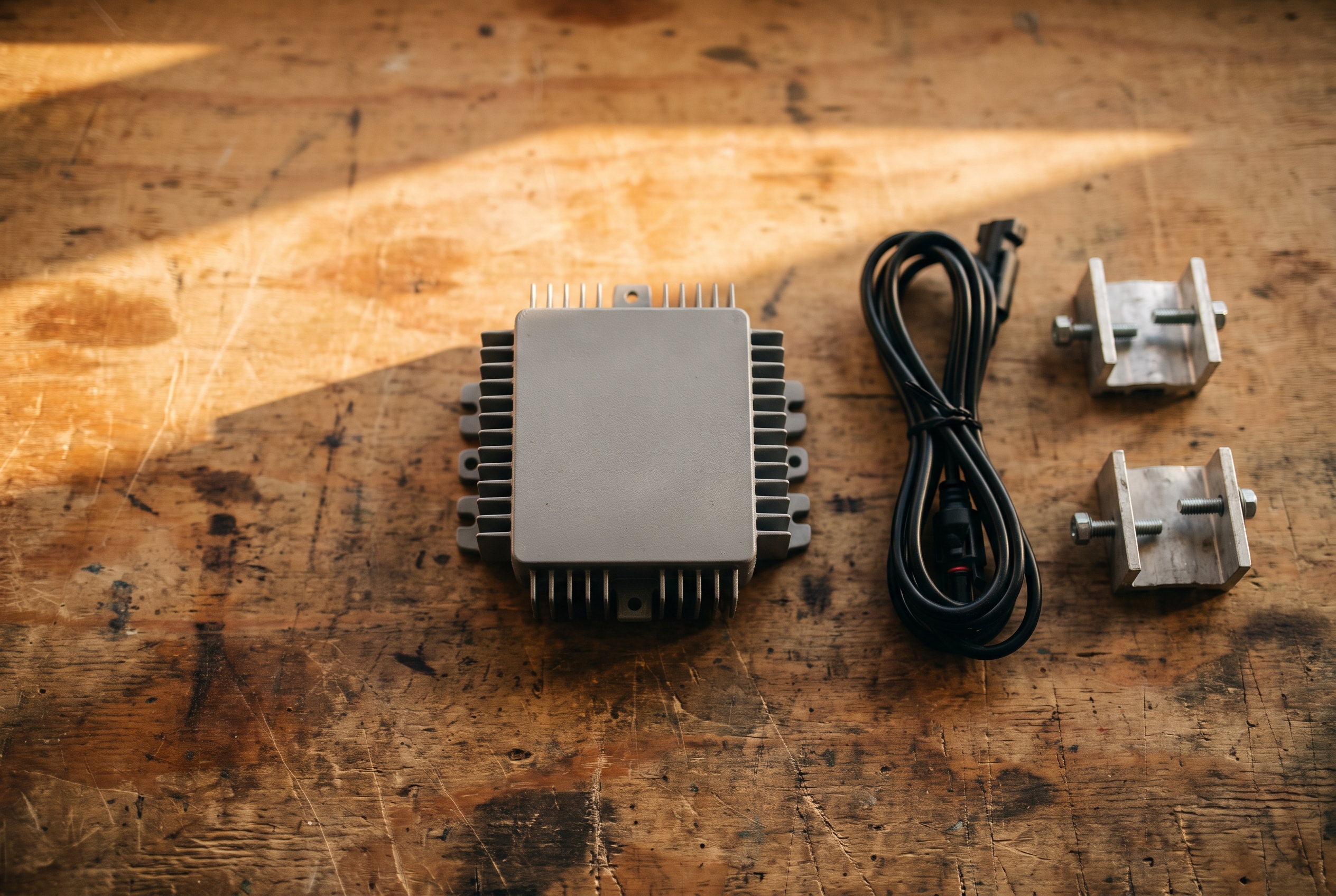 Overhead view of a small microinverter box, coiled cord, and aluminum clamps laid out on a weathered wooden workbench in warm side light.