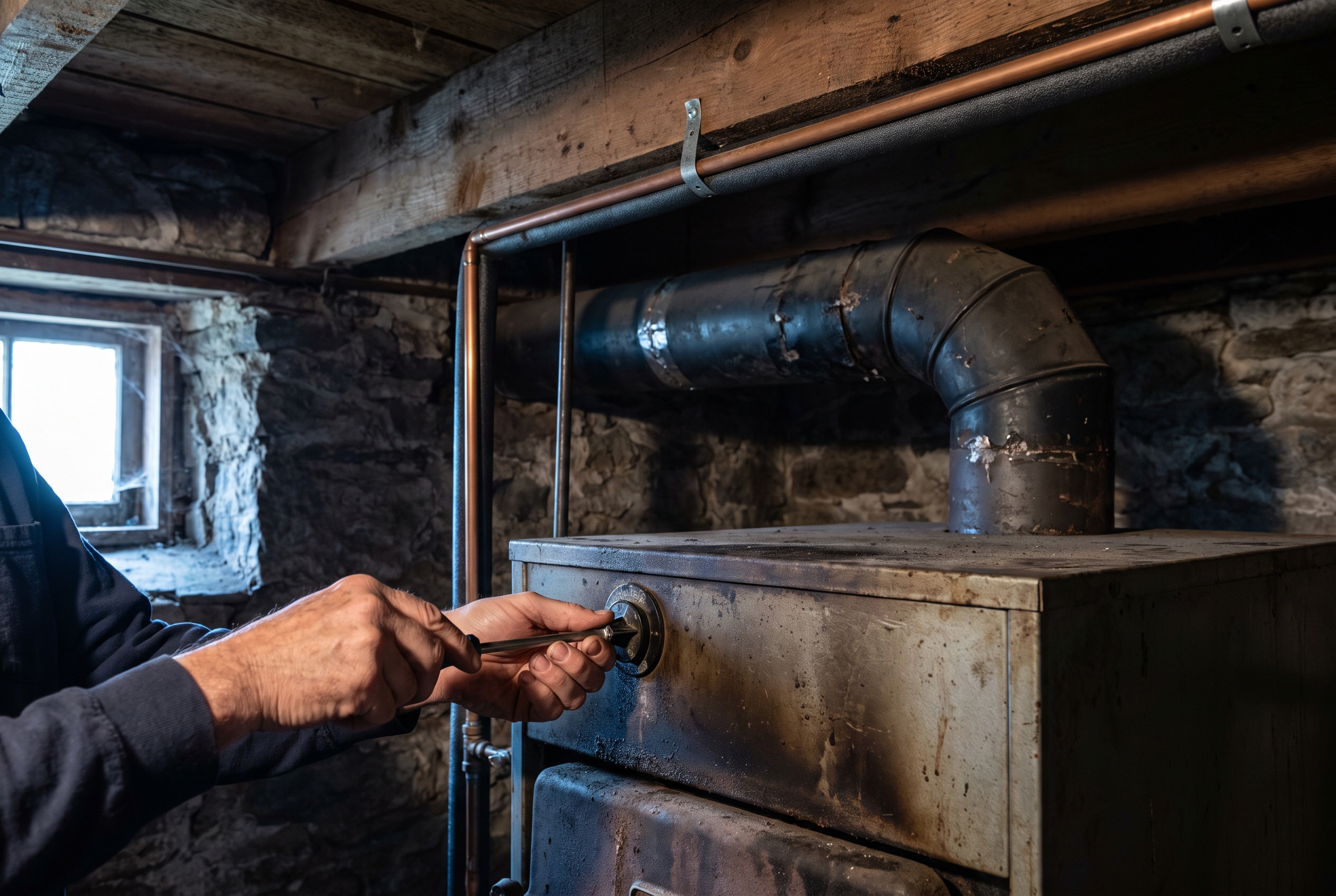 A technician's hands adjust the control on an old cast-iron oil boiler in a stone basement, with a new copper heat pump line set running along a wooden joist above.